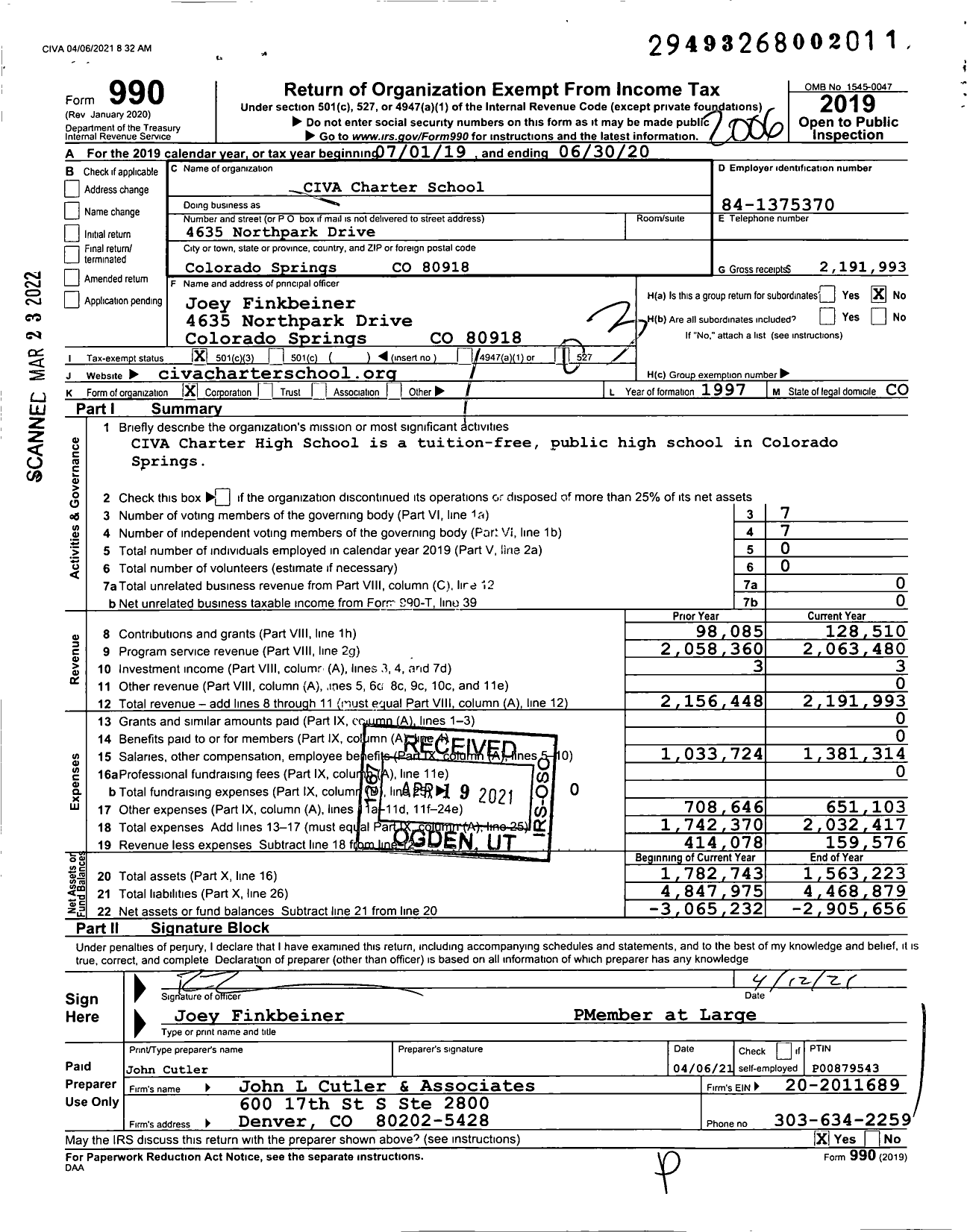 Image of first page of 2019 Form 990 for CIVA Charter School