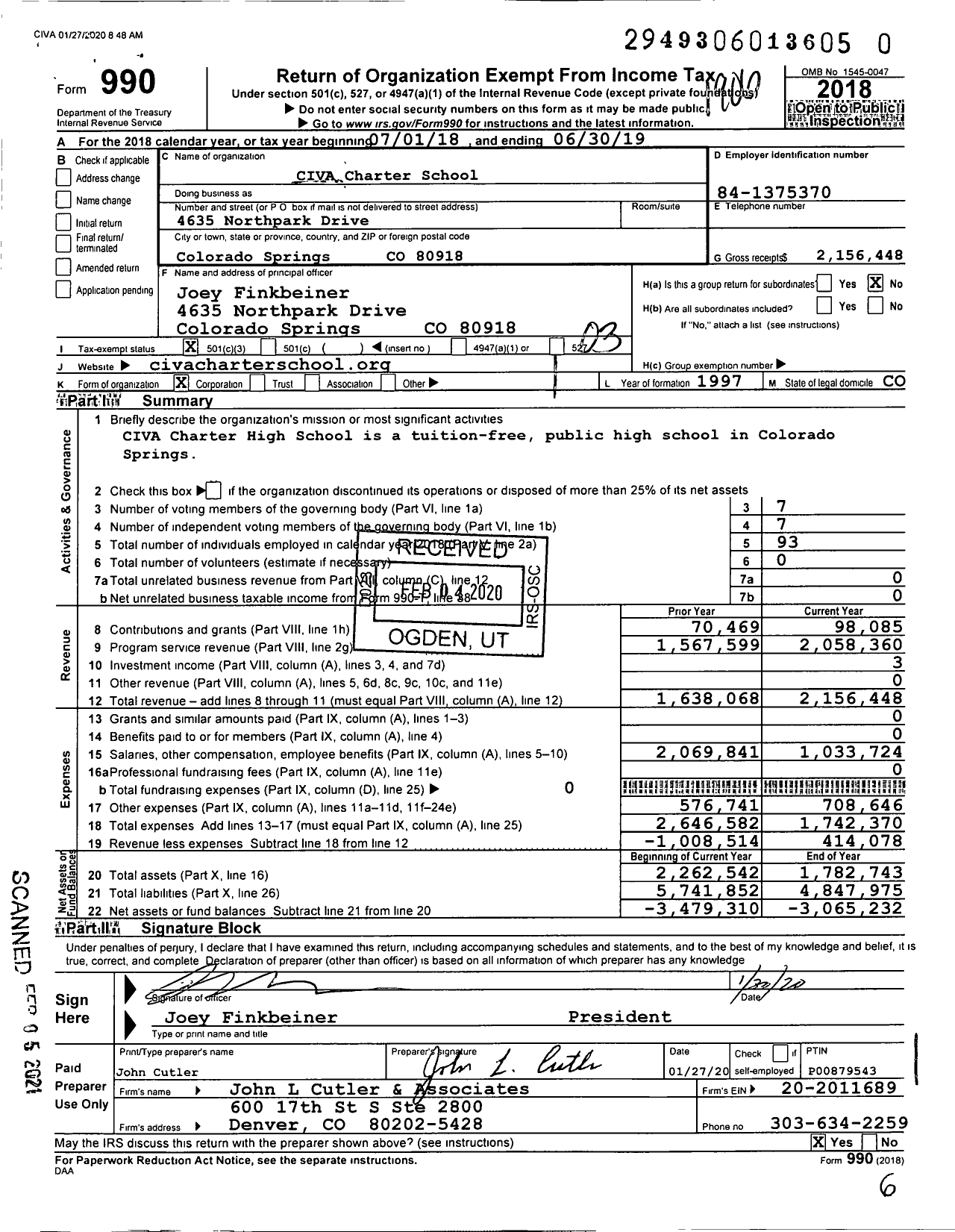 Image of first page of 2018 Form 990 for CIVA Charter School