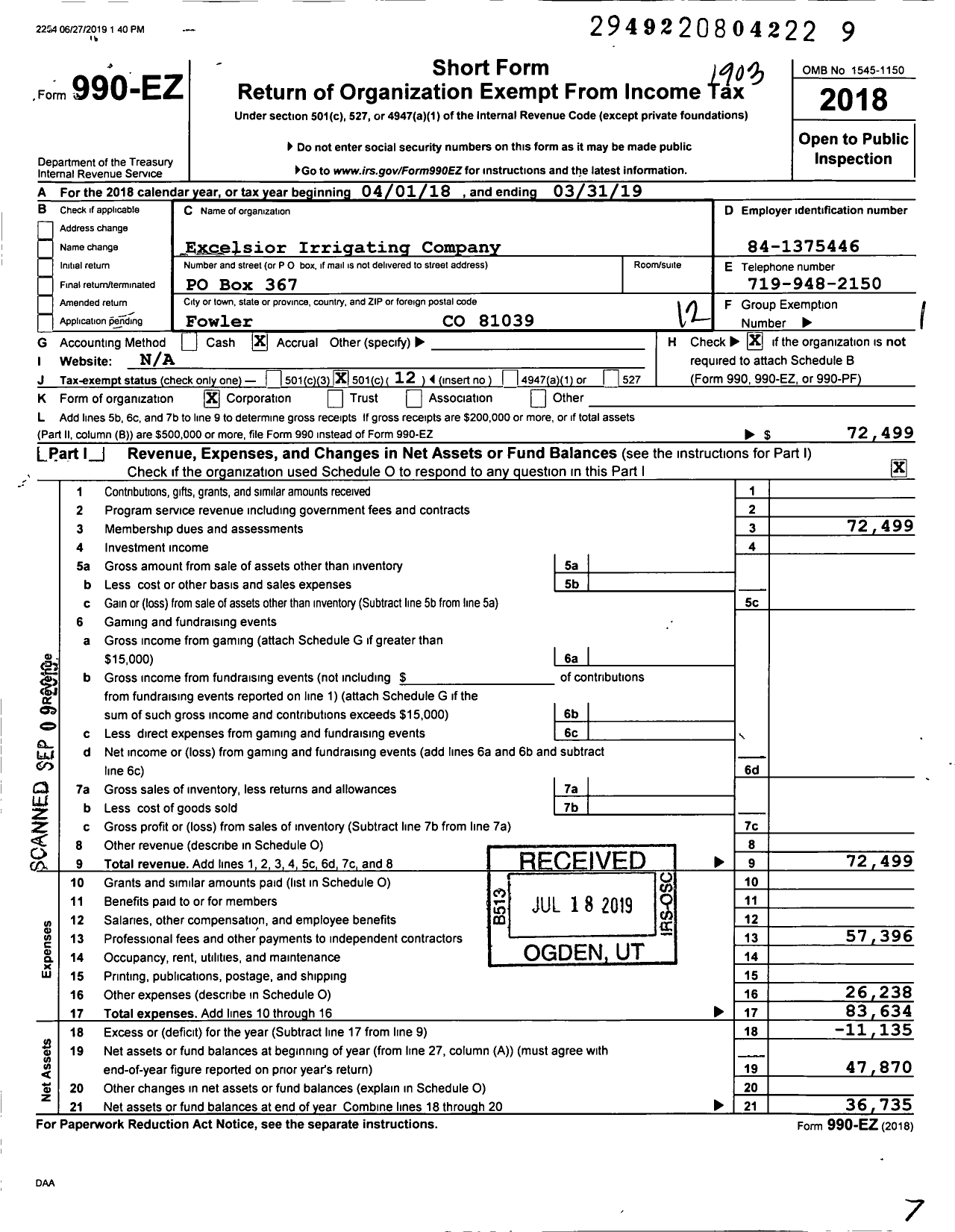 Image of first page of 2018 Form 990EO for Excelsior Irrigating Company