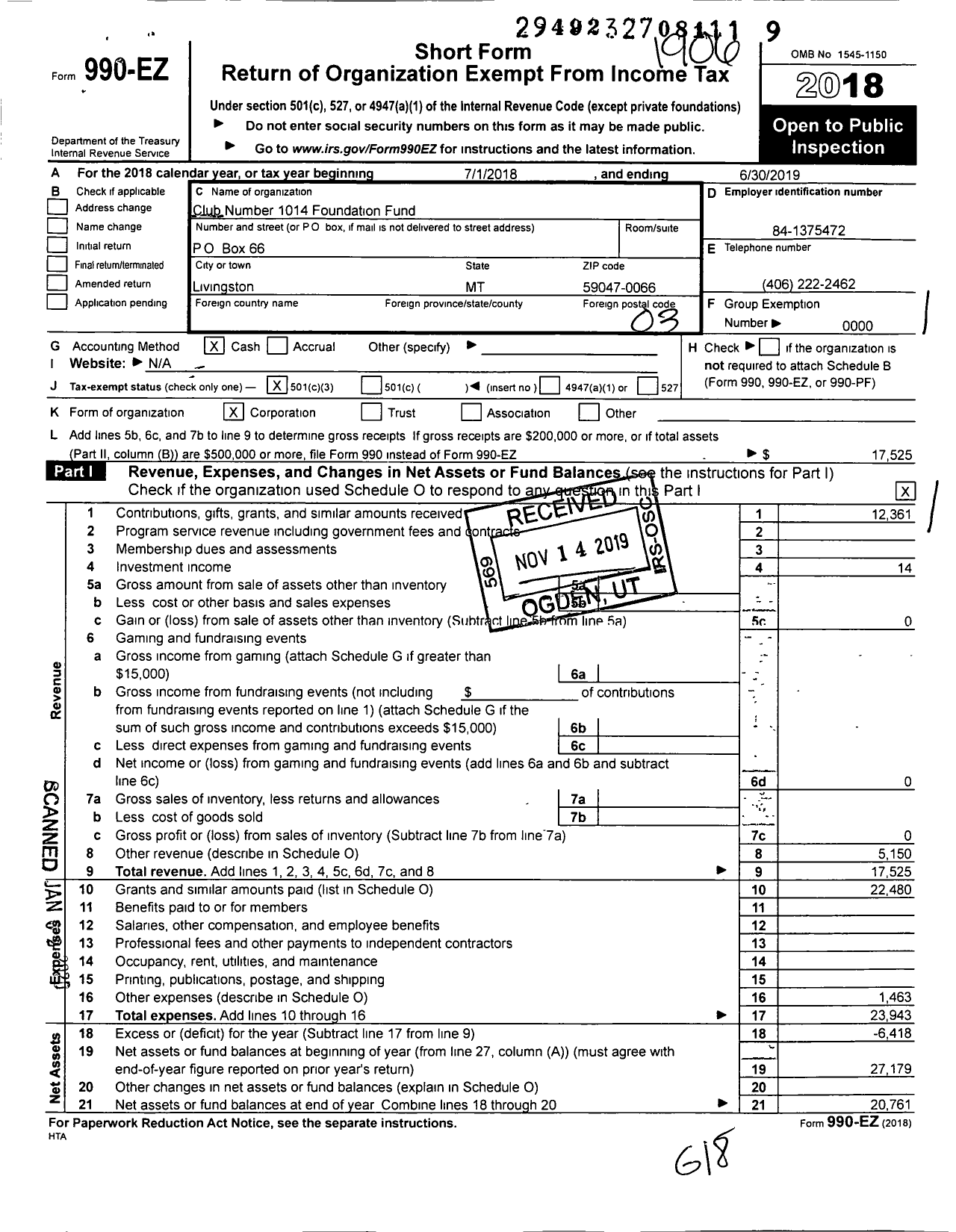 Image of first page of 2018 Form 990EZ for Club 1014 Foundation Fund