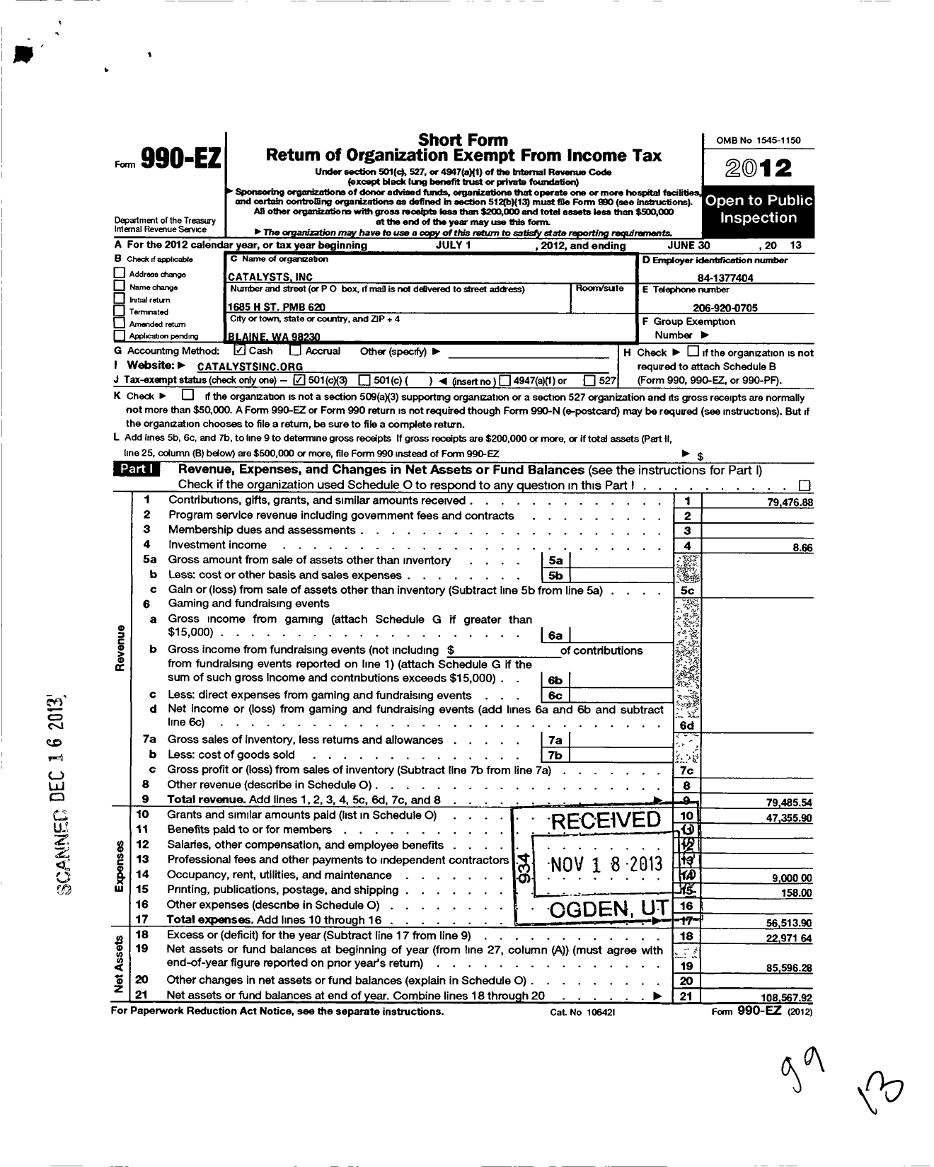 Image of first page of 2012 Form 990EZ for Catalysts