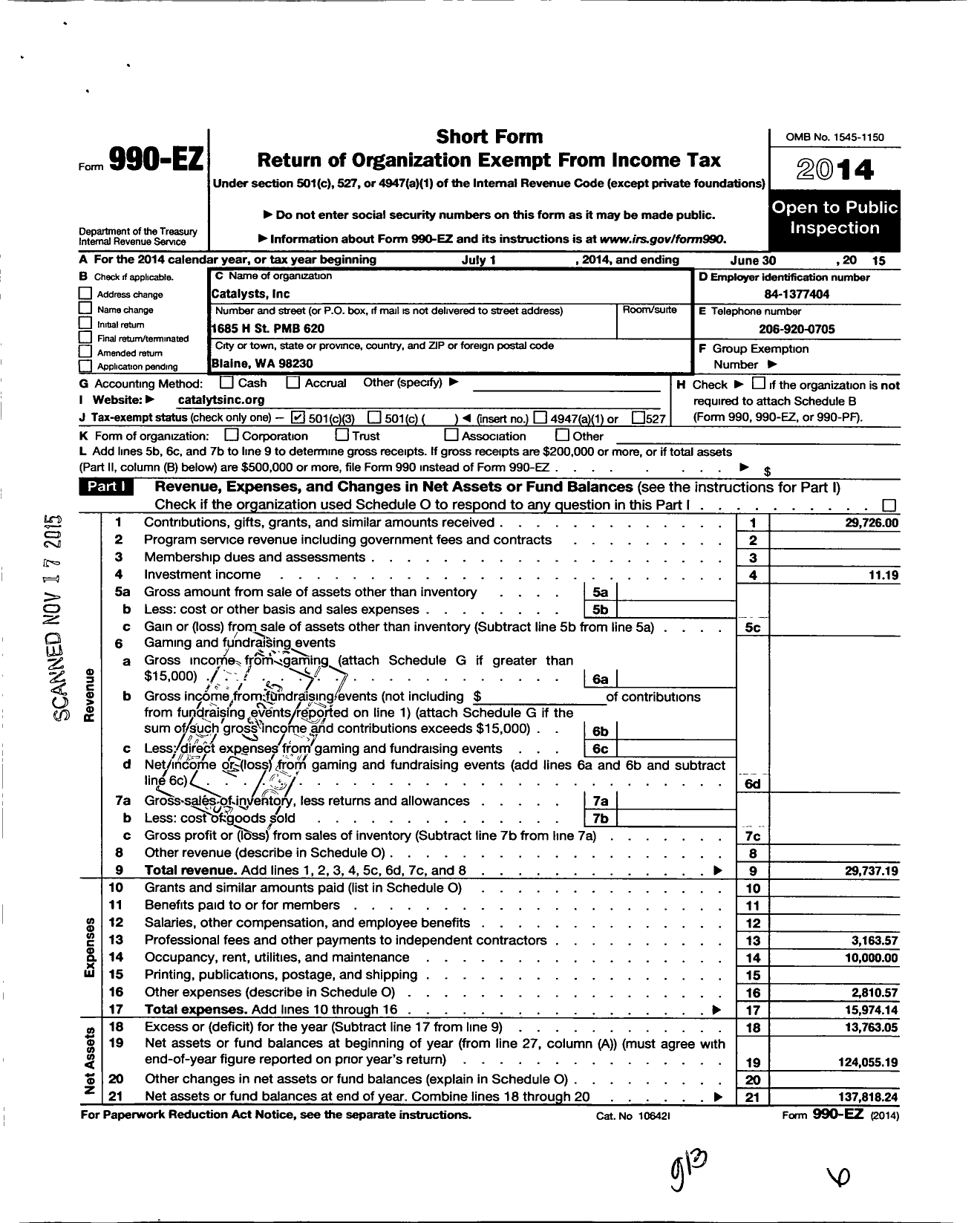 Image of first page of 2014 Form 990EZ for Catalysts