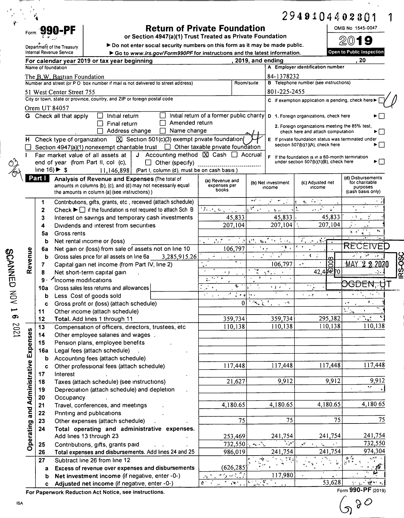 Image of first page of 2019 Form 990PF for B W Bastian Foundation