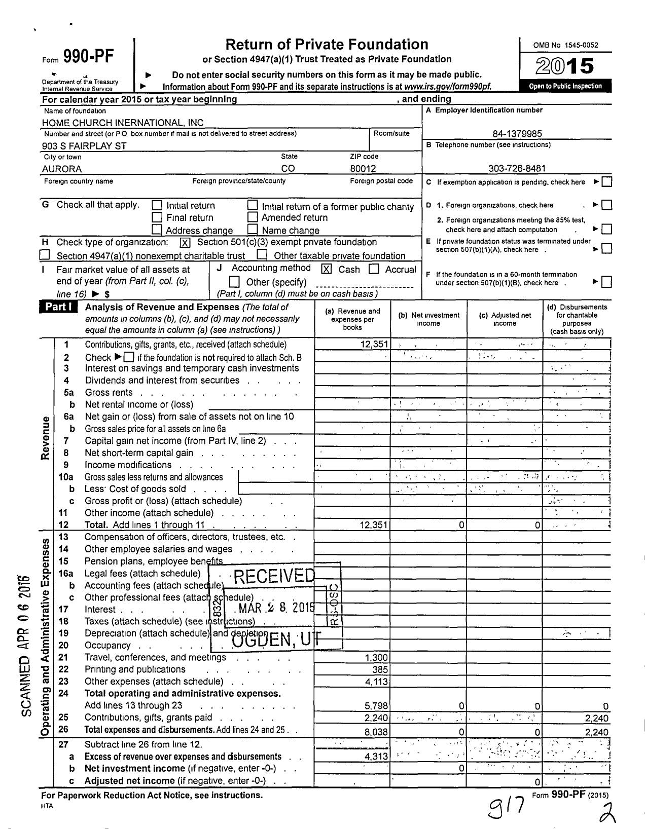 Image of first page of 2015 Form 990PF for Home Church International