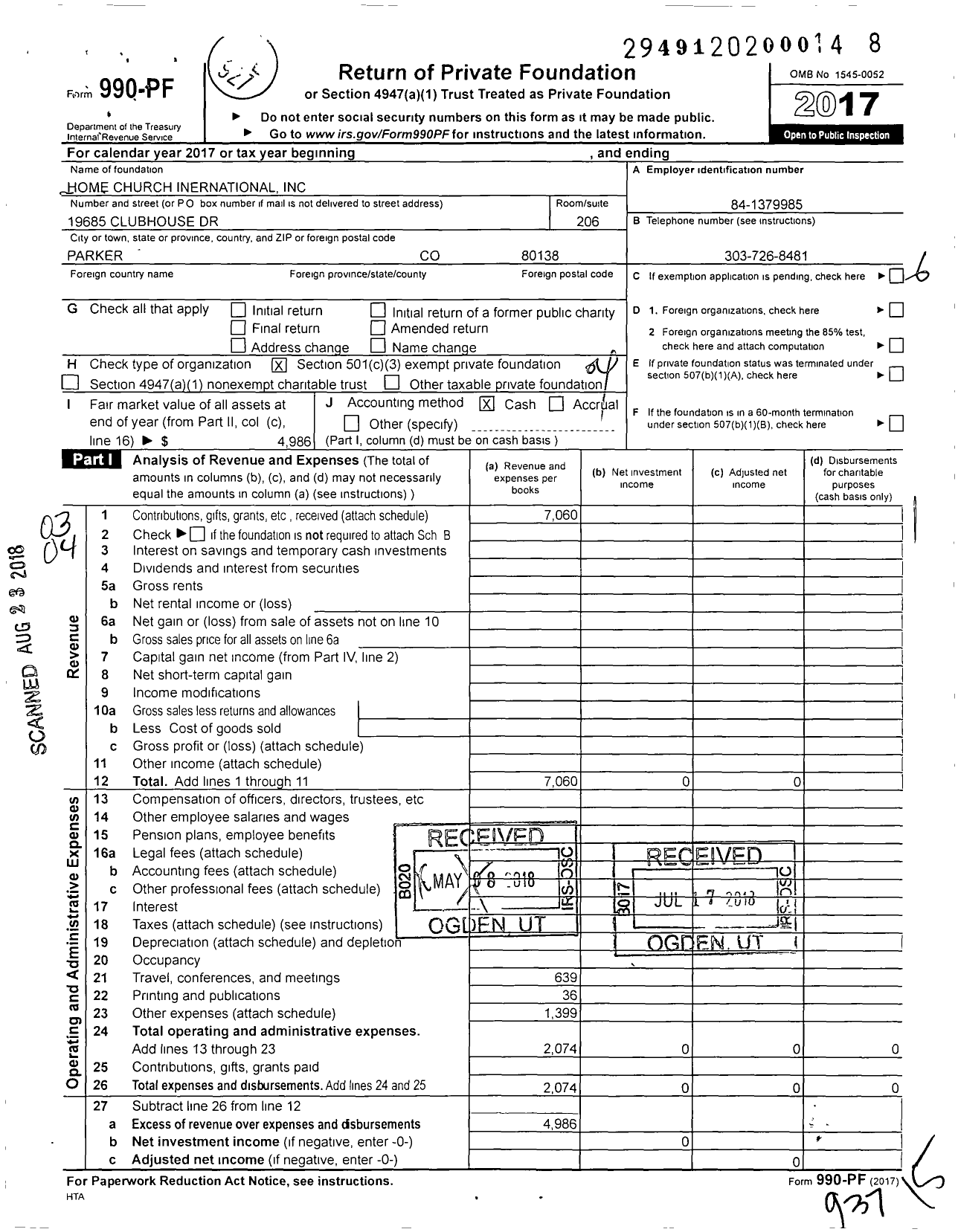 Image of first page of 2017 Form 990PF for Home Church International