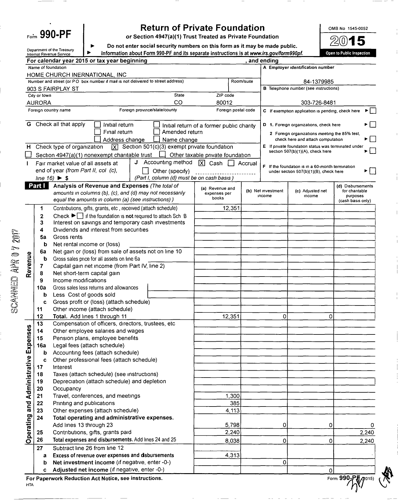 Image of first page of 2015 Form 990PF for Home Church International