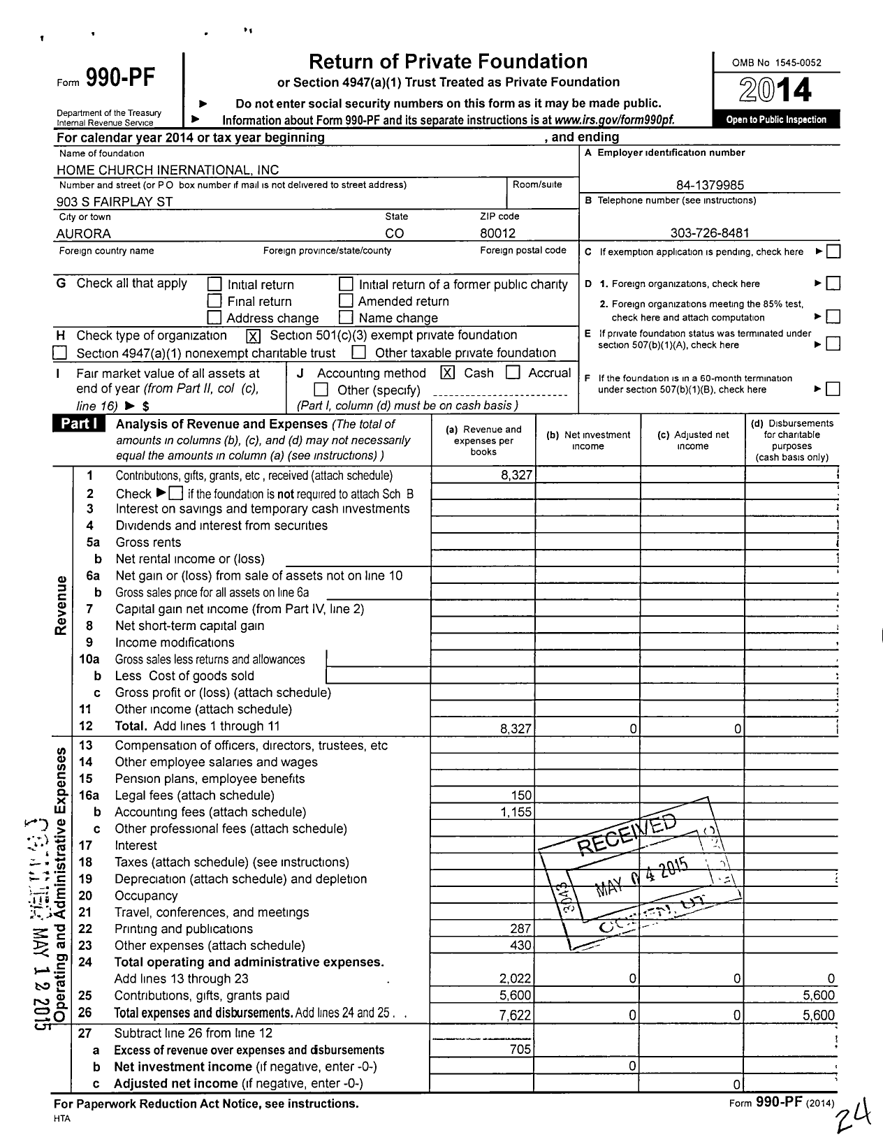 Image of first page of 2014 Form 990PF for Home Church International