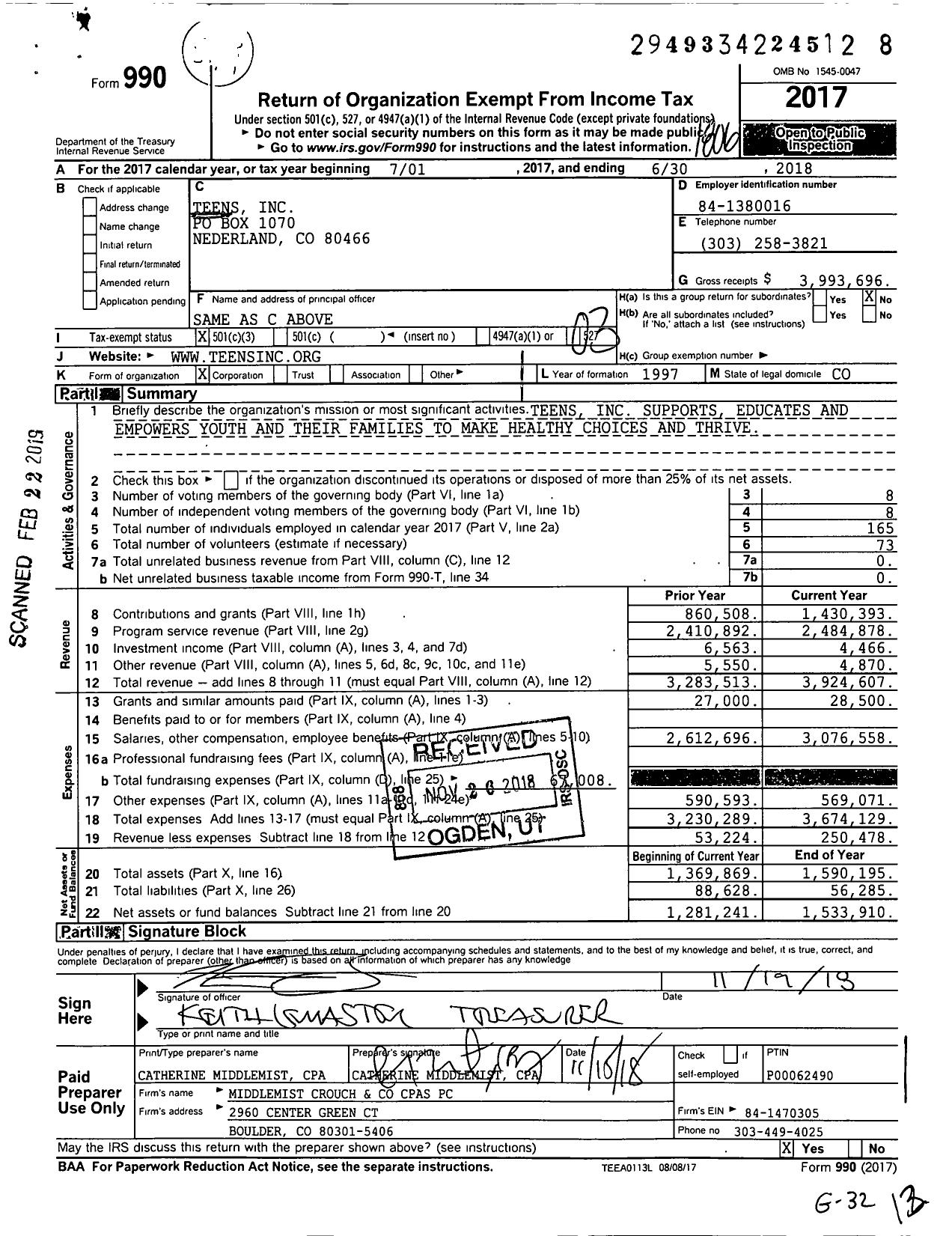Image of first page of 2017 Form 990 for Teens