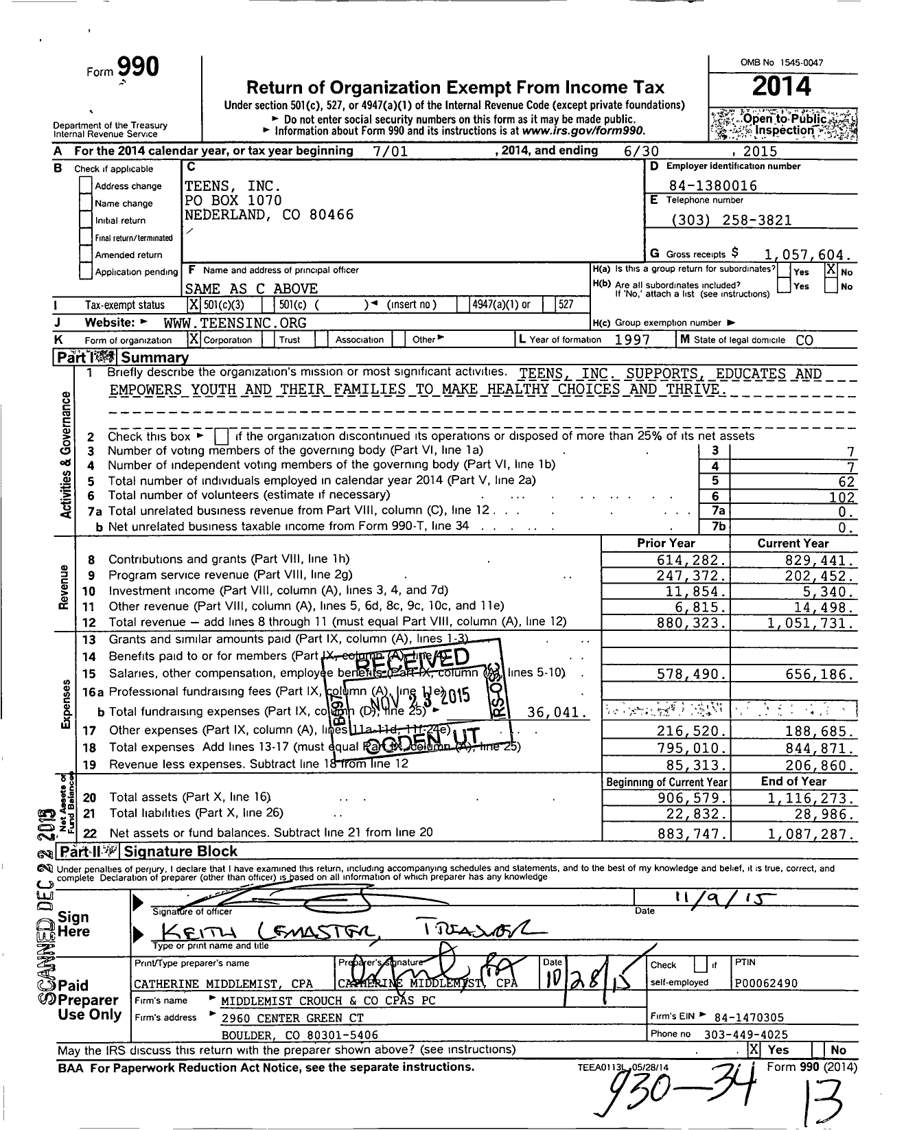 Image of first page of 2014 Form 990 for Teens