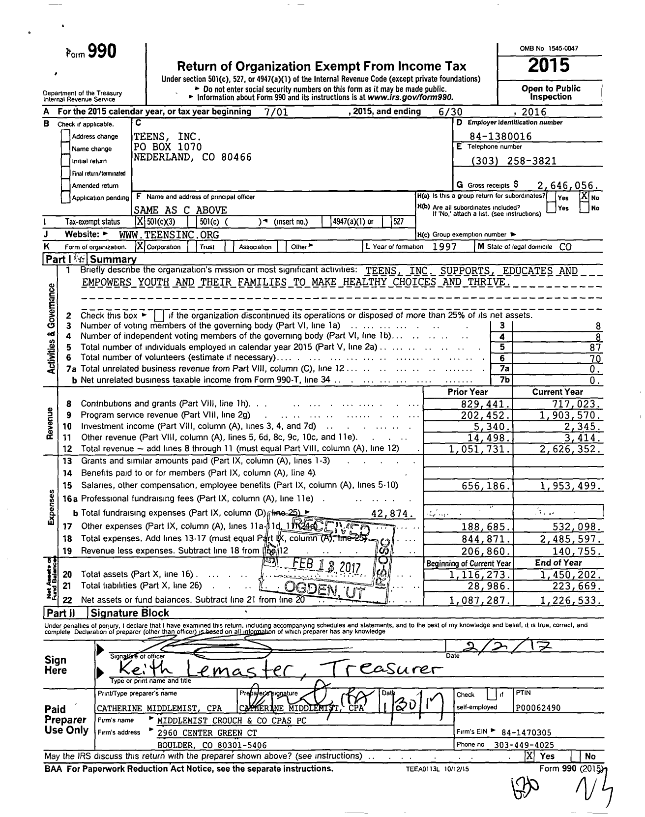 Image of first page of 2015 Form 990 for Teens
