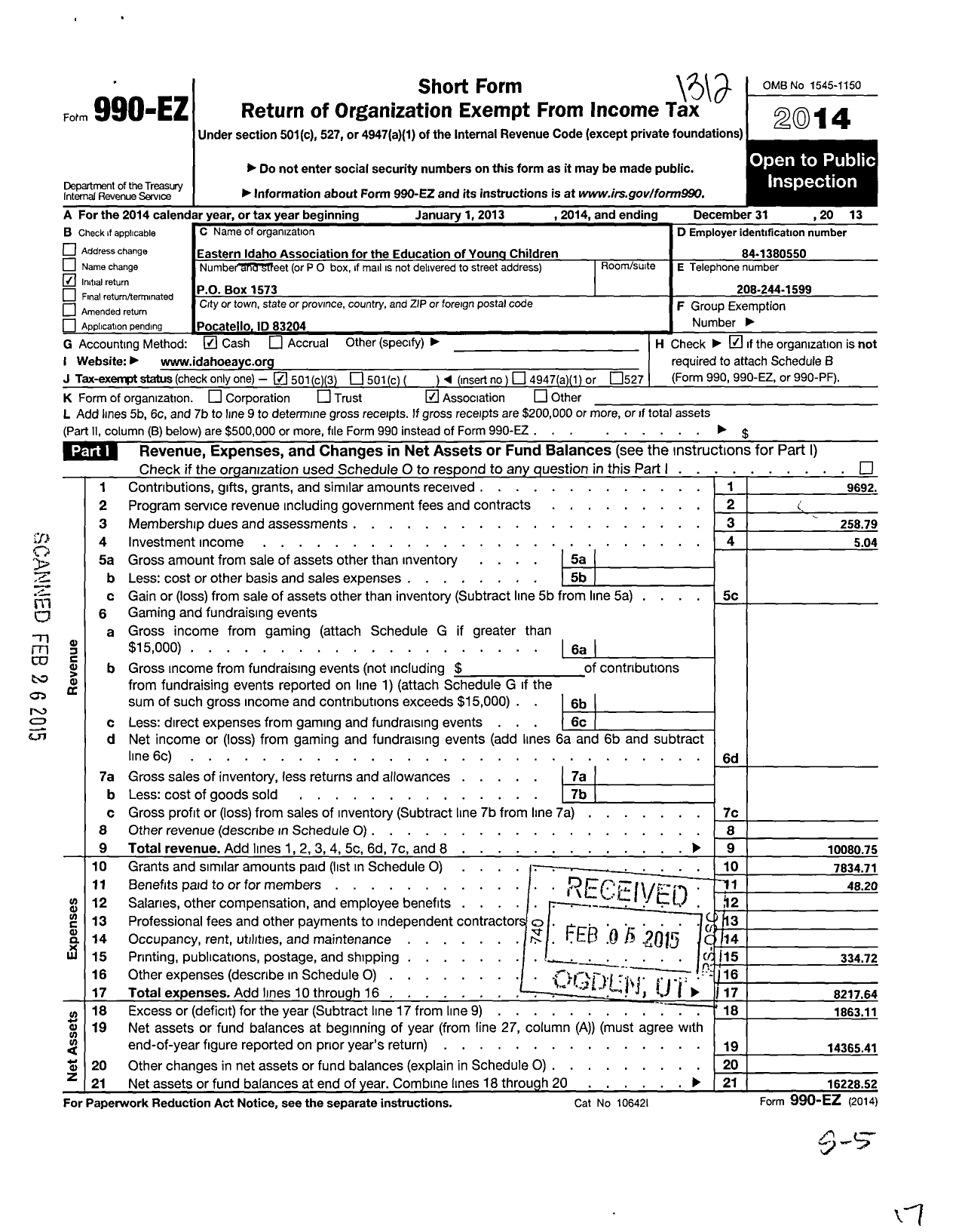 Image of first page of 2013 Form 990EZ for Idaho Association for the Education of Young Children / Eastern Idaho Association