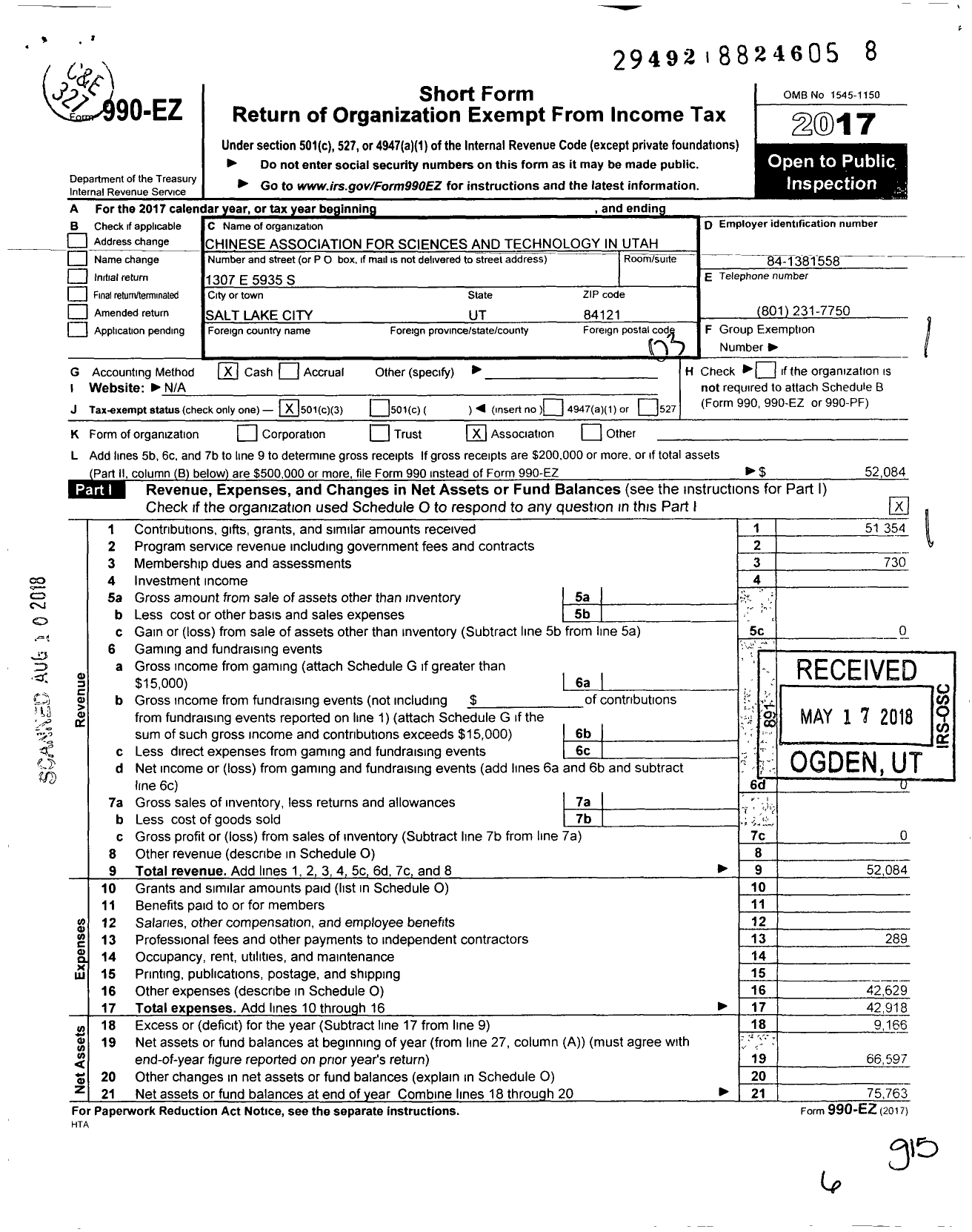 Image of first page of 2017 Form 990EZ for Chinese Association for Sciences and Technology