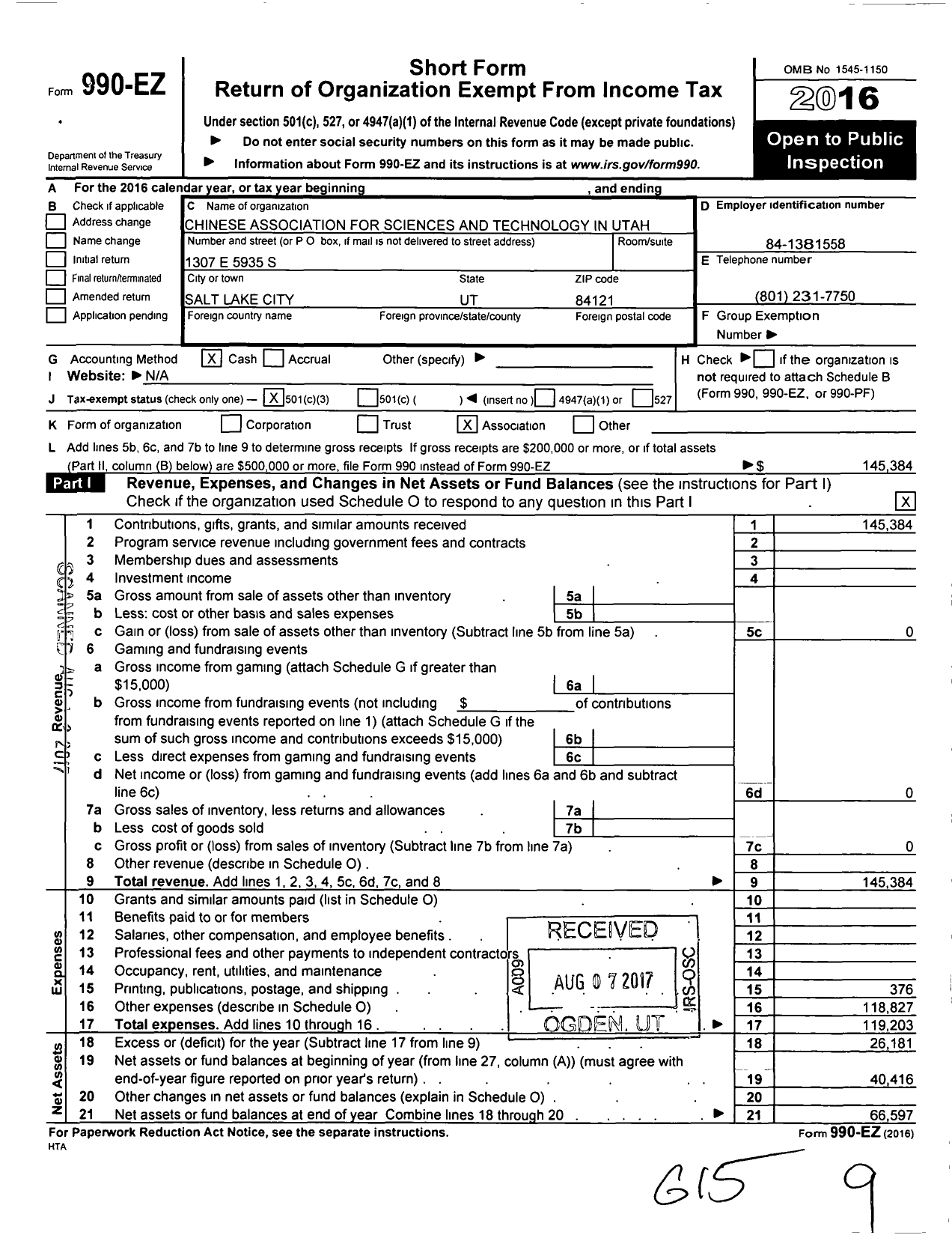 Image of first page of 2016 Form 990EZ for Chinese Association for Sciences and Technology