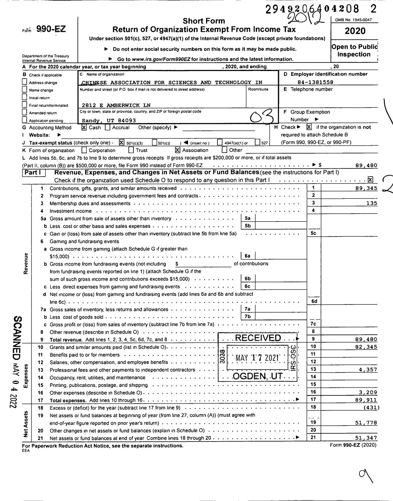 Image of first page of 2020 Form 990EZ for Chinese Association for Sciences and Technology