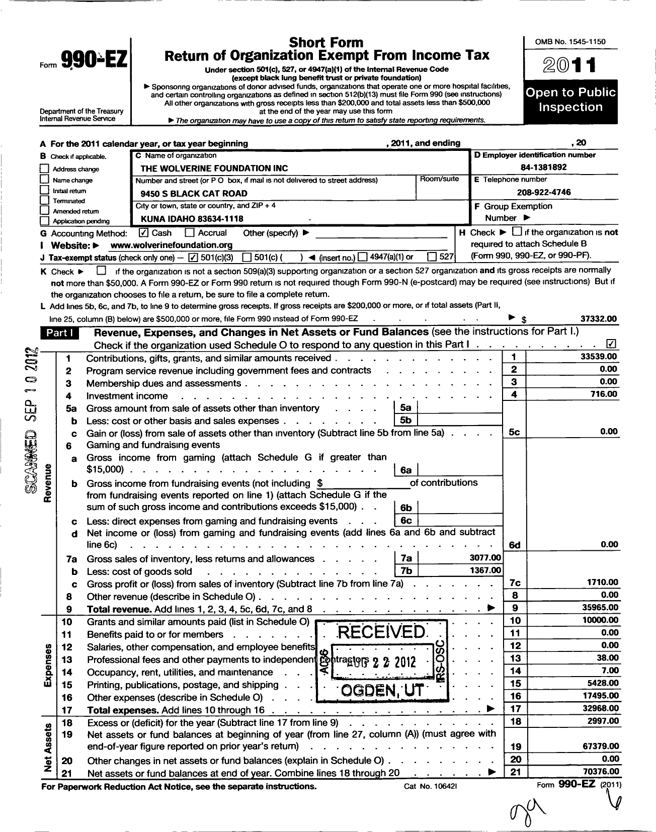 Image of first page of 2011 Form 990EZ for Wolverine Foundation Incorporated