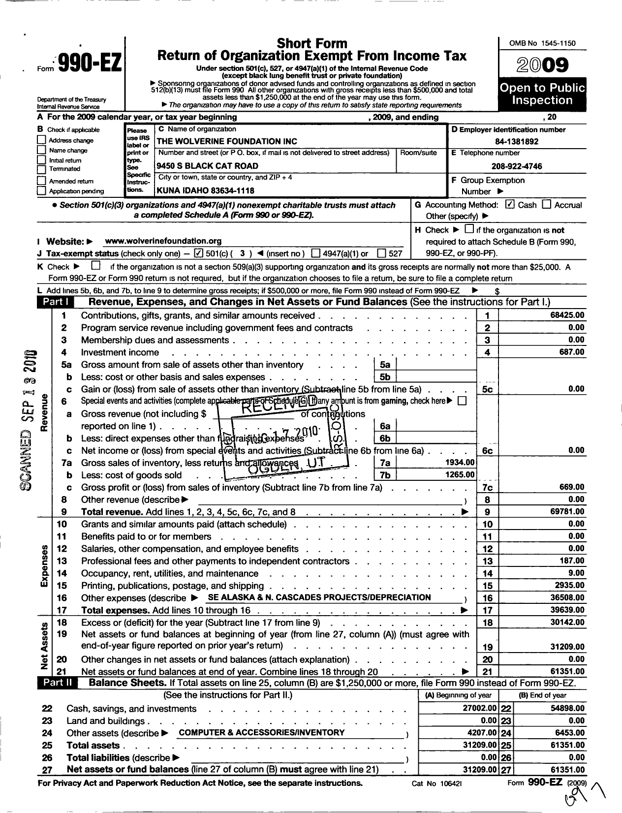 Image of first page of 2009 Form 990EZ for Wolverine Foundation Incorporated