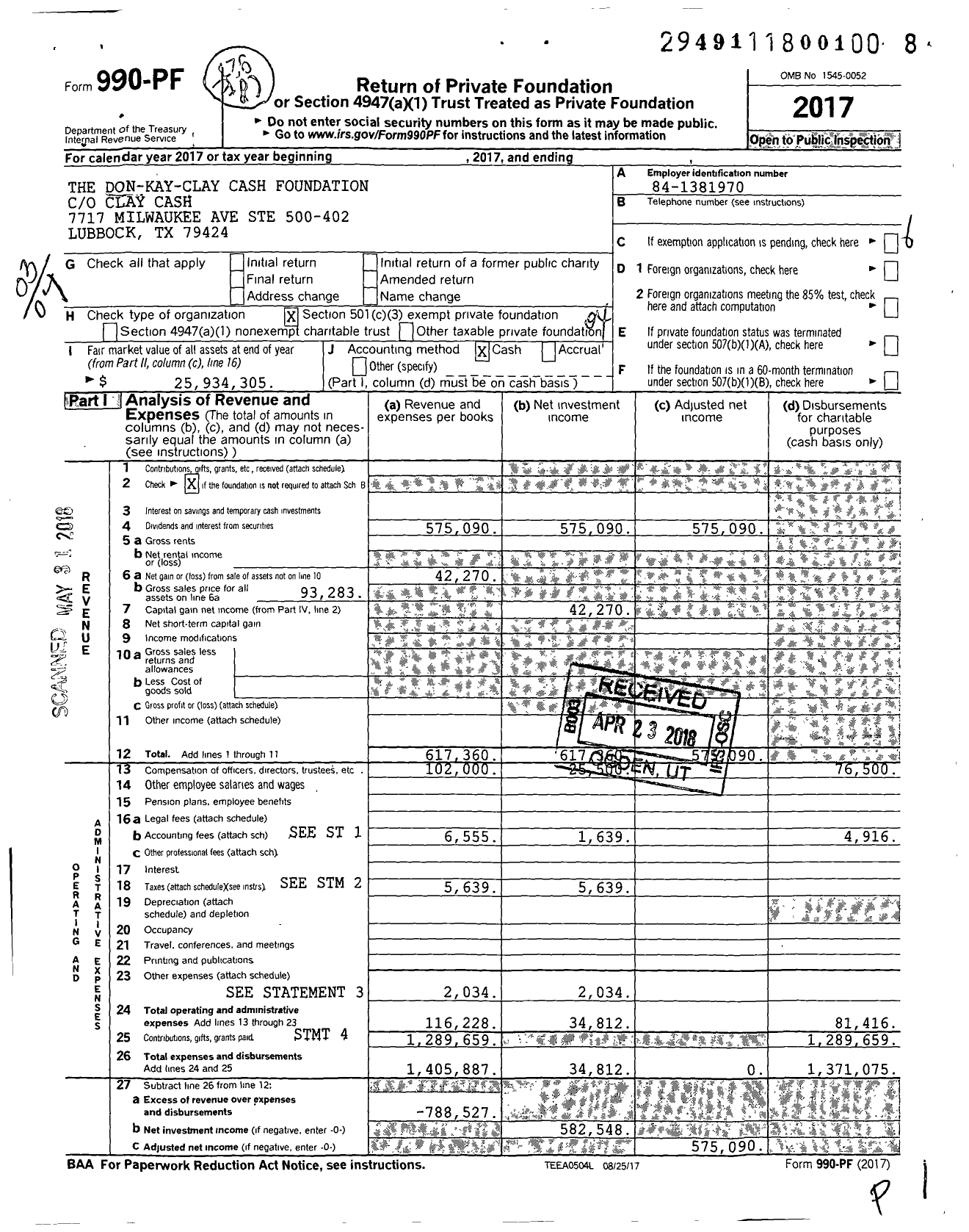 Image of first page of 2017 Form 990PF for The Cash Family Foundation