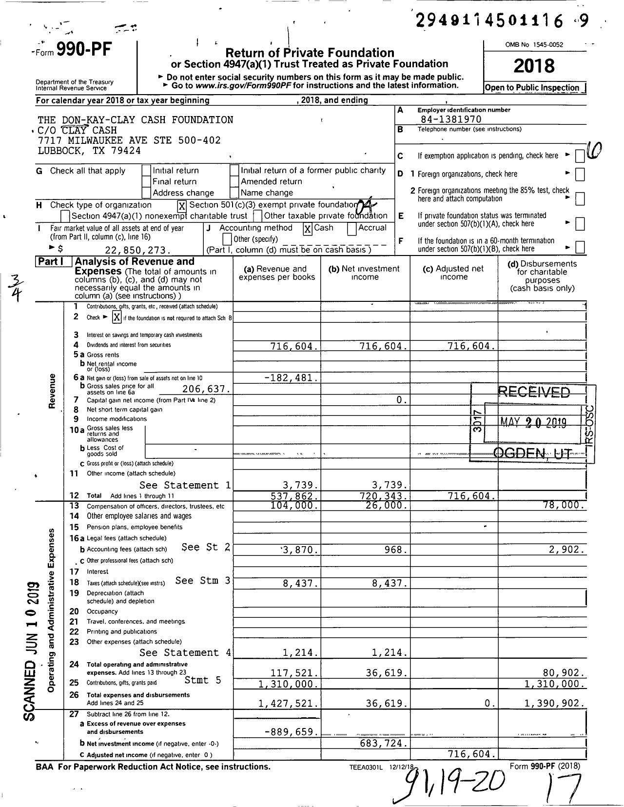Image of first page of 2018 Form 990PF for The Cash Family Foundation