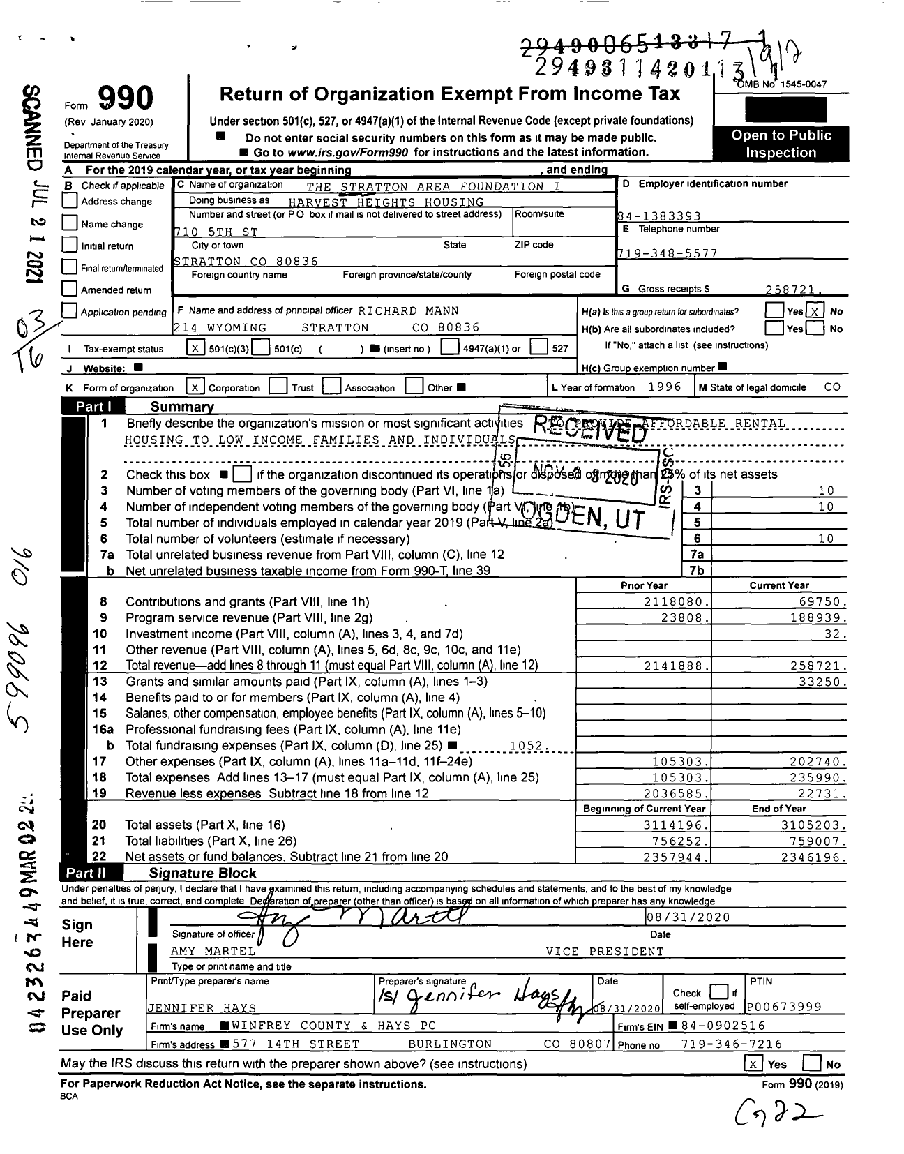 Image of first page of 2019 Form 990 for The Stratton Area Foundation I