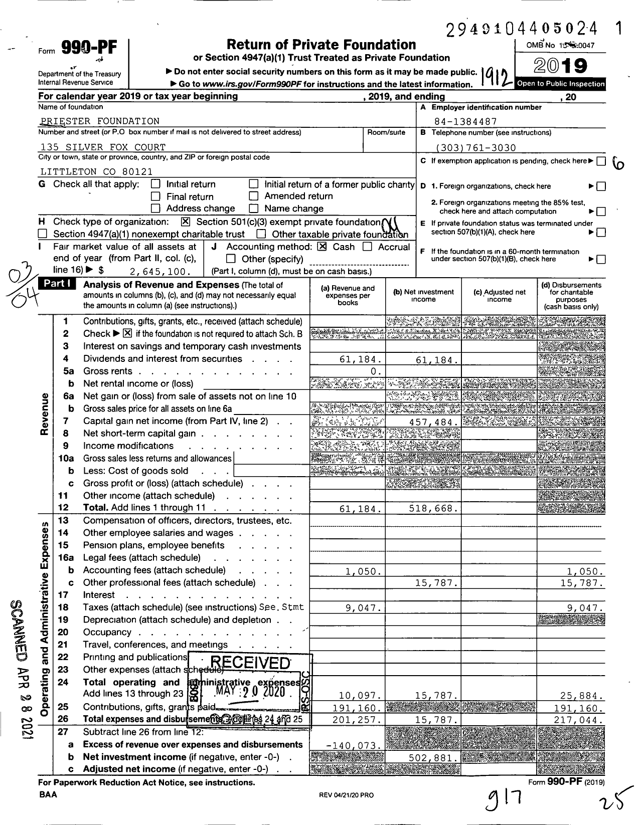 Image of first page of 2019 Form 990PF for Priester Foundation