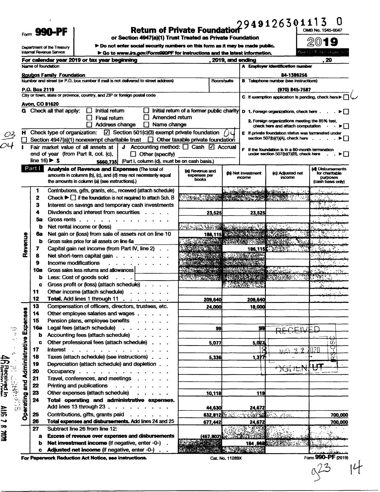 Image of first page of 2019 Form 990PF for Roubos Family Foundation