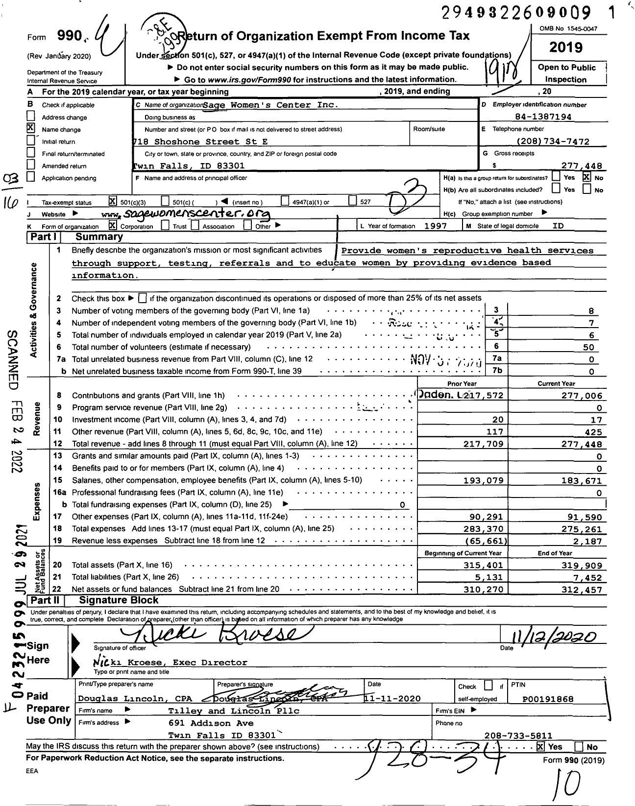 Image of first page of 2019 Form 990 for Sage Women's Center