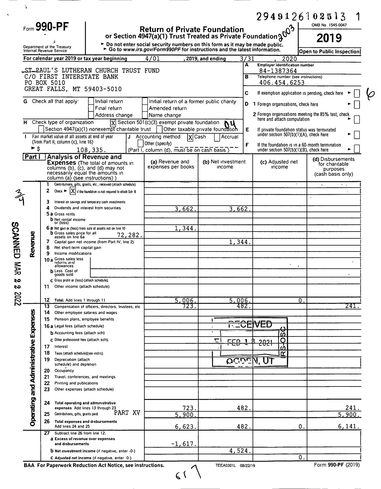 Image of first page of 2019 Form 990PF for Arnold E Haack Tuw Fbo St Paul's Church