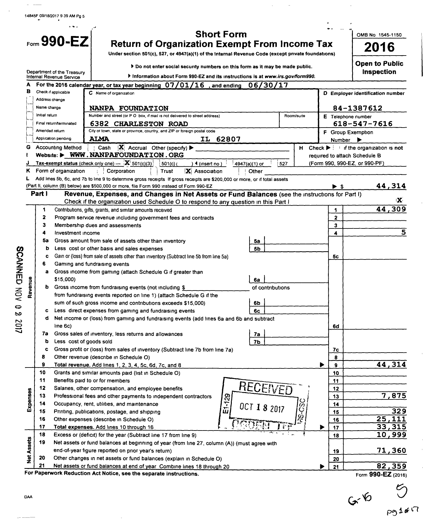 Image of first page of 2016 Form 990EZ for Nanpa Foundation