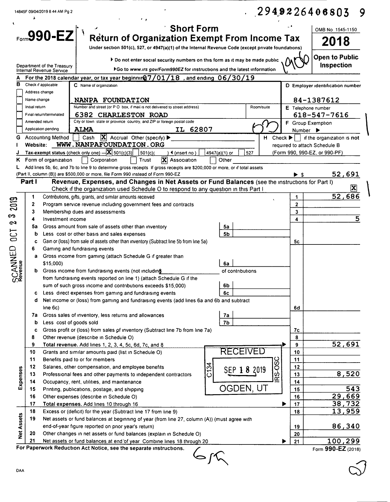 Image of first page of 2018 Form 990EZ for Nanpa Foundation