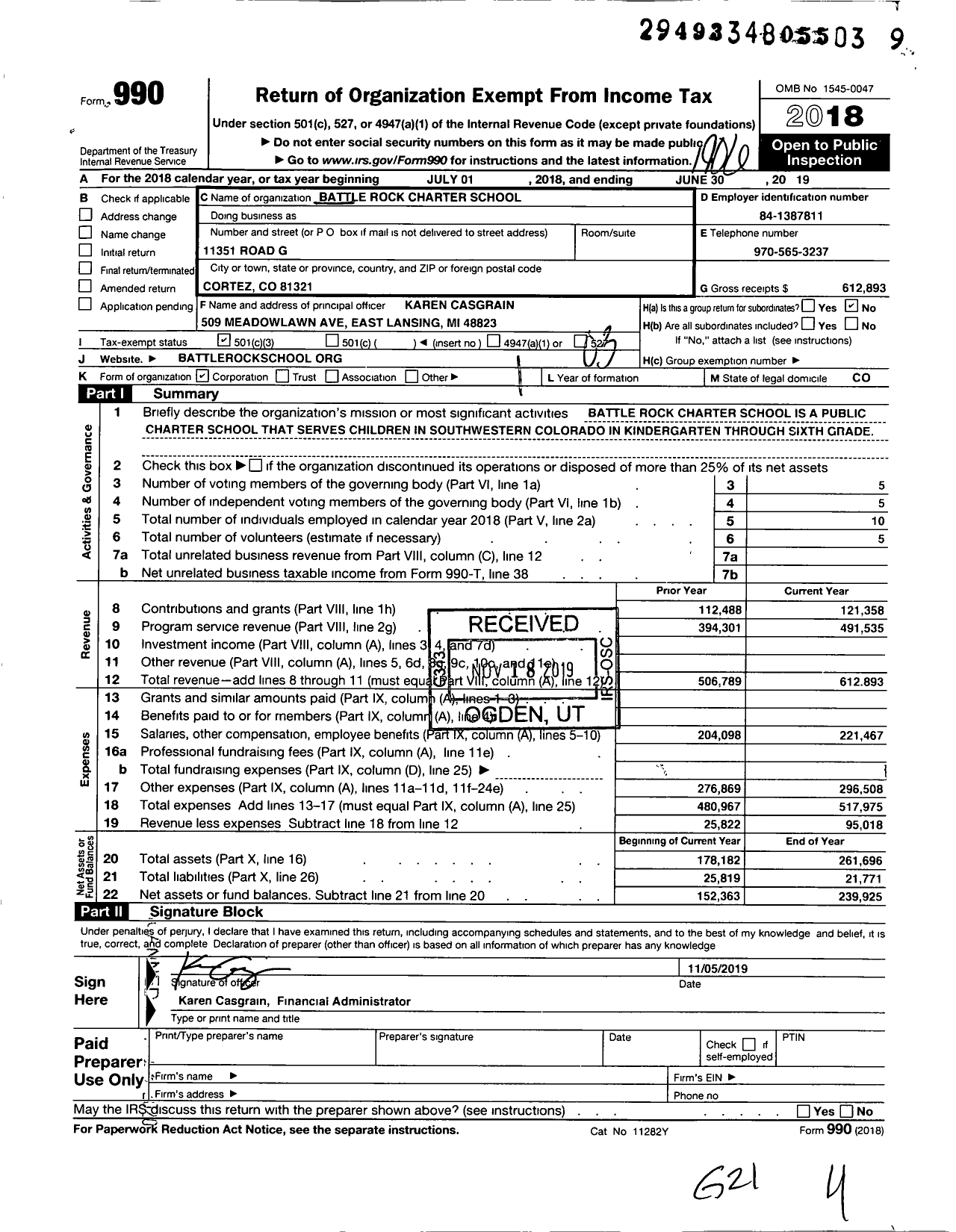 Image of first page of 2018 Form 990 for Battle Rock Charter School