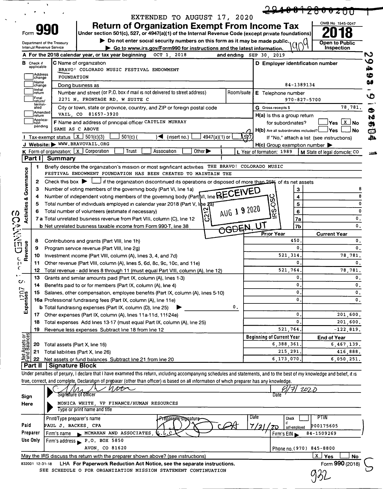 Image of first page of 2018 Form 990 for Bravo Colorado Music Festival Endowment Foundation