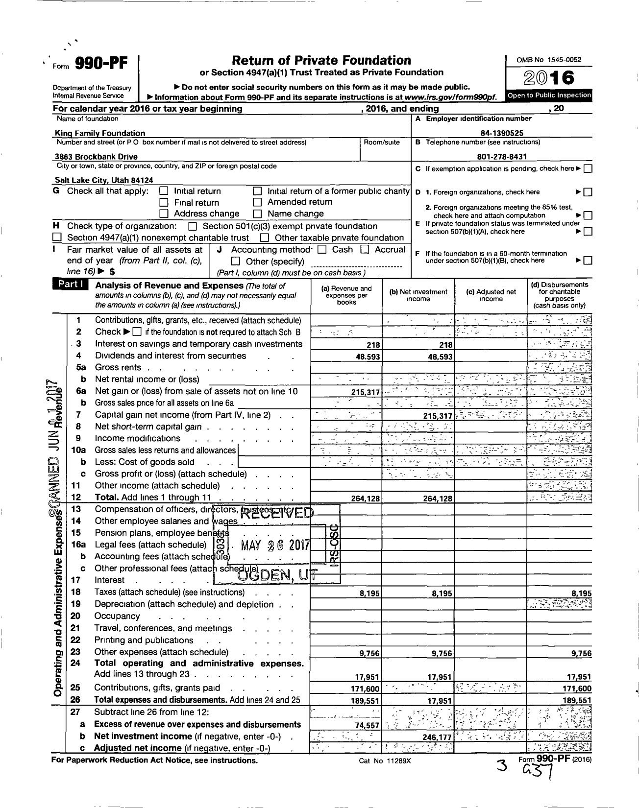Image of first page of 2016 Form 990PF for King Family Foundation