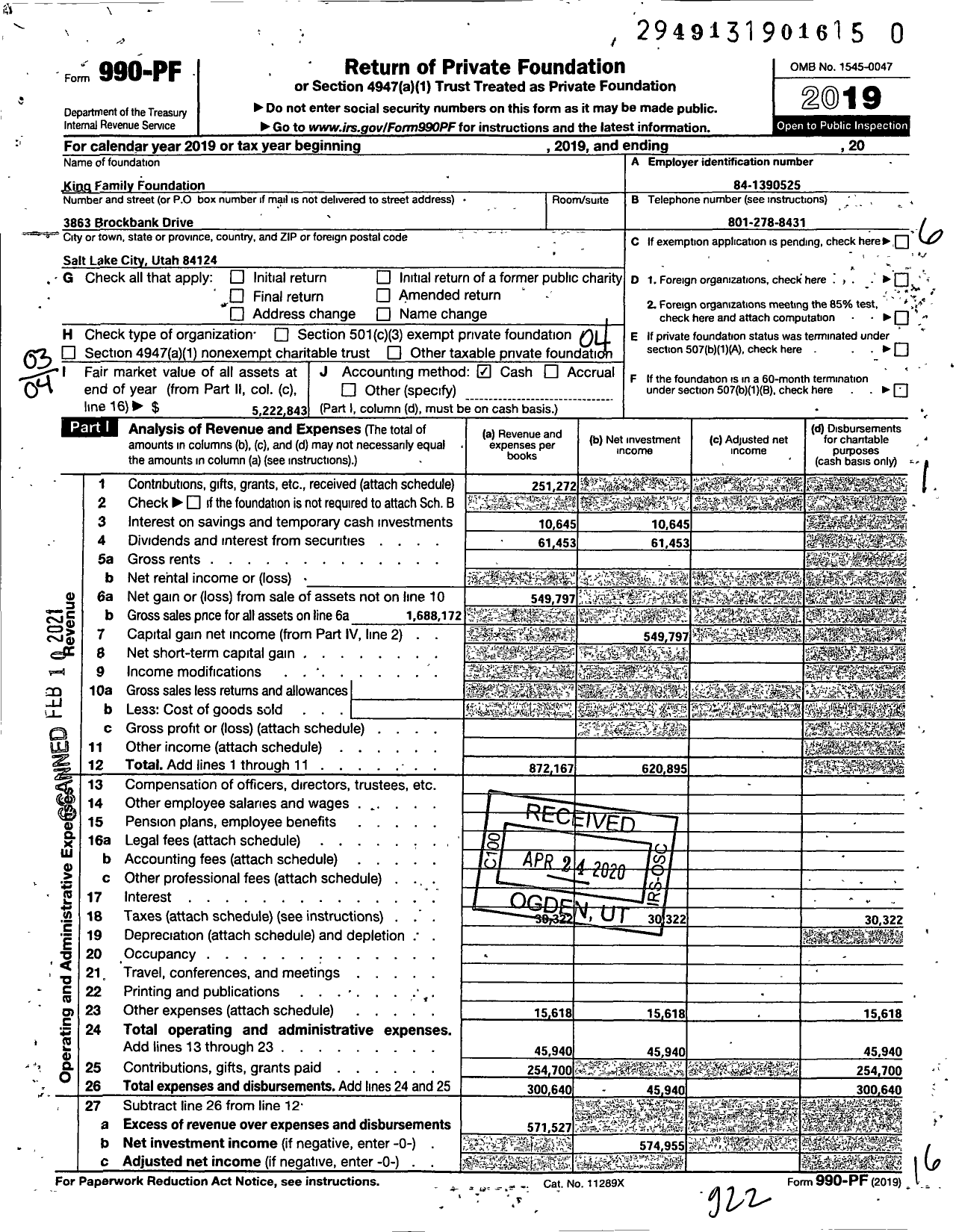 Image of first page of 2019 Form 990PF for King Family Foundation