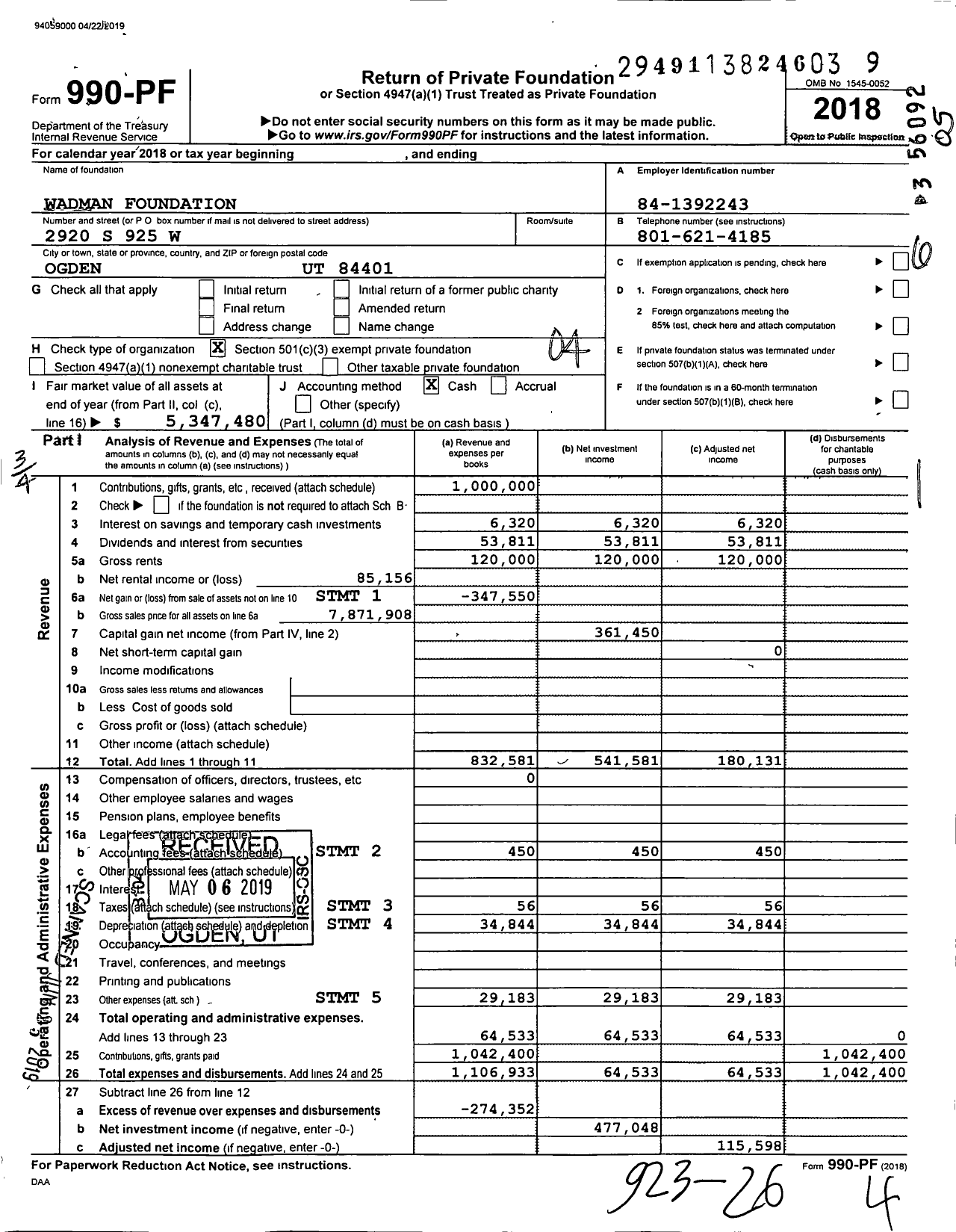 Image of first page of 2018 Form 990PF for Wadman Foundation