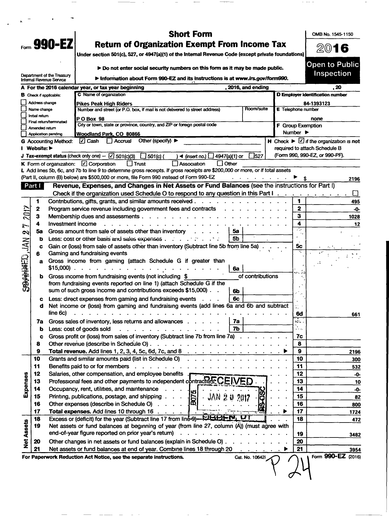 Image of first page of 2016 Form 990EZ for Pikes Peak High Riders