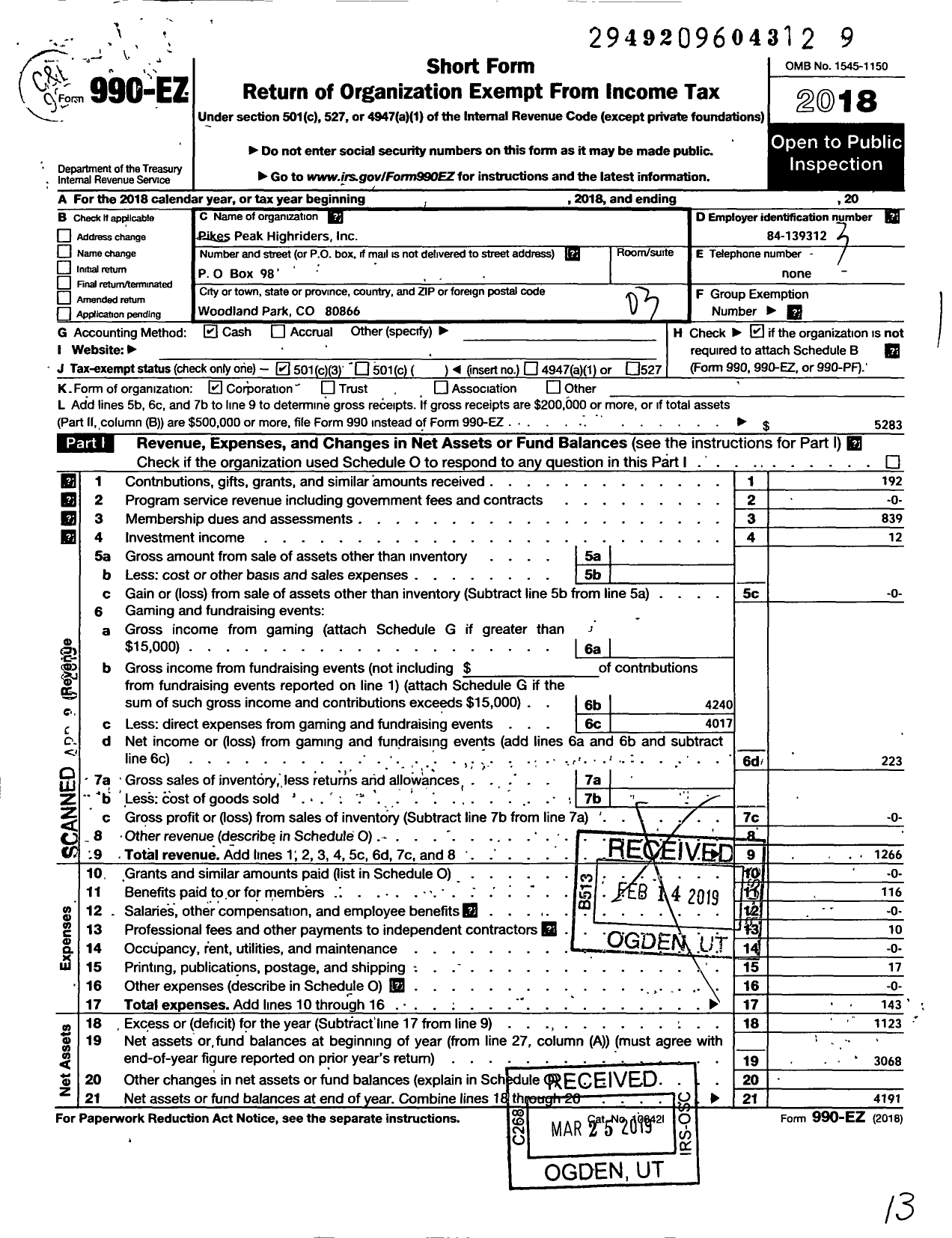 Image of first page of 2018 Form 990EZ for Pikes Peak High Riders