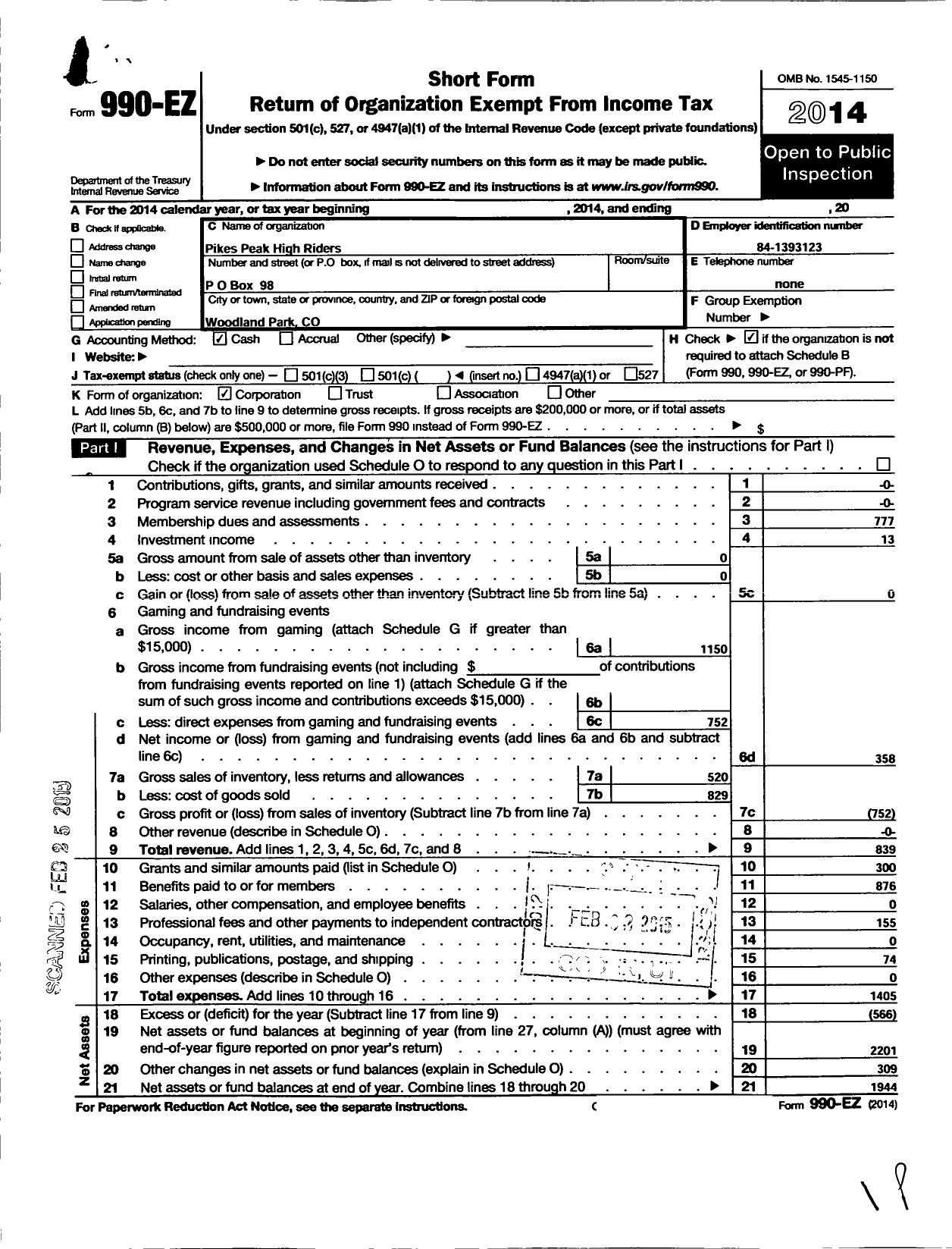 Image of first page of 2014 Form 990EO for Pikes Peak High Riders