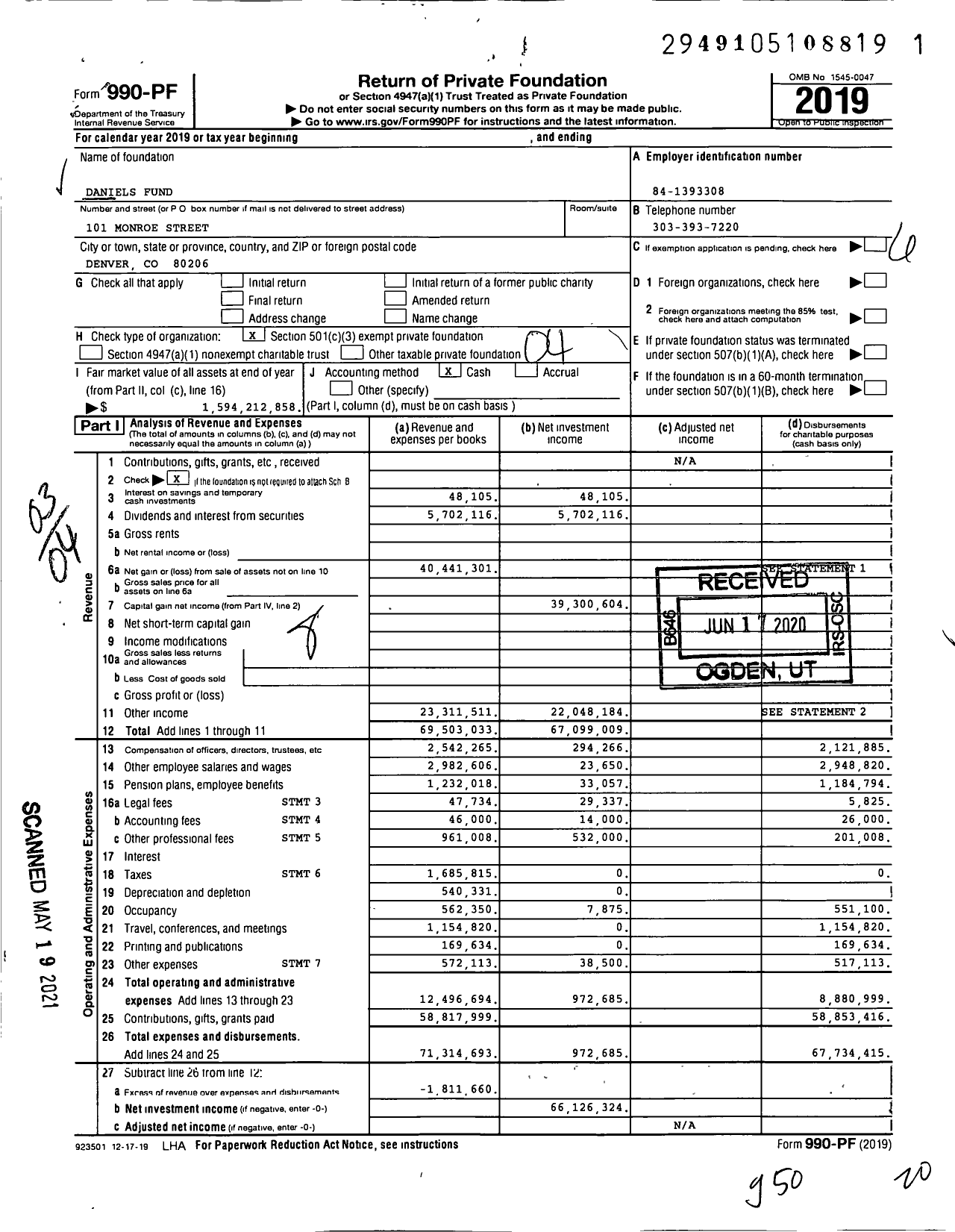 Image of first page of 2019 Form 990PF for Daniels Fund