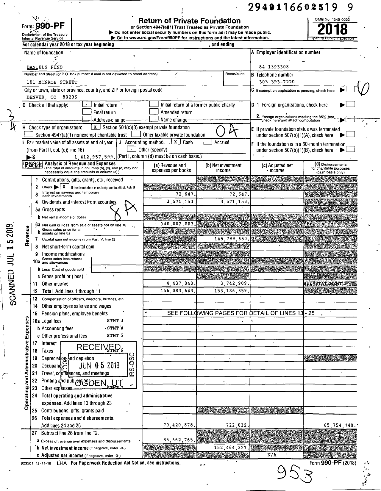 Image of first page of 2018 Form 990PF for Daniels Fund