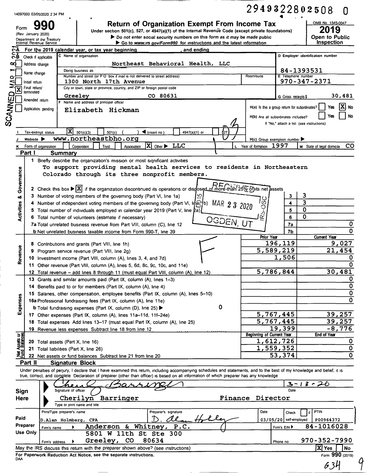 Image of first page of 2019 Form 990 for Northeast Behavioral Health