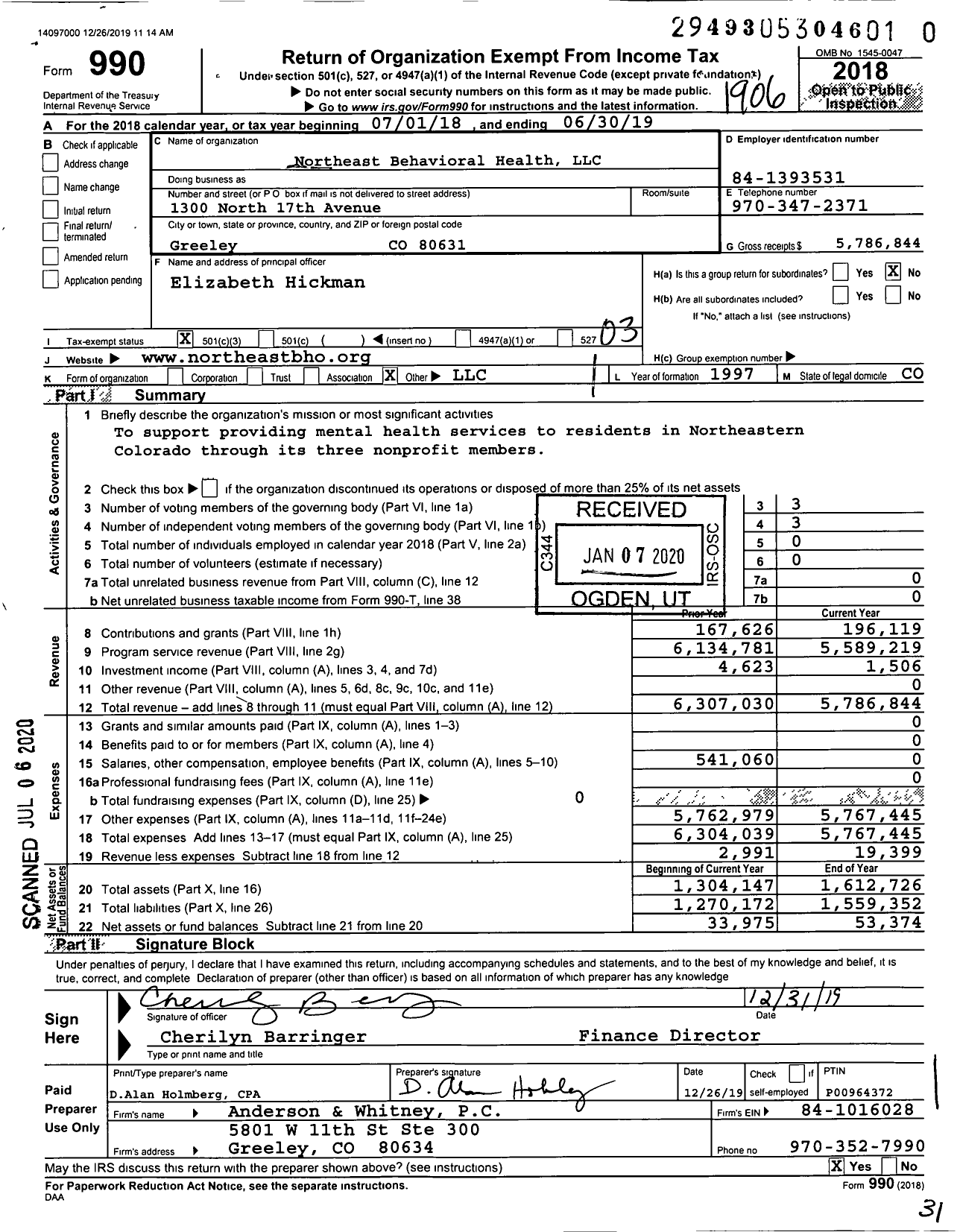 Image of first page of 2018 Form 990 for Northeast Behavioral Health