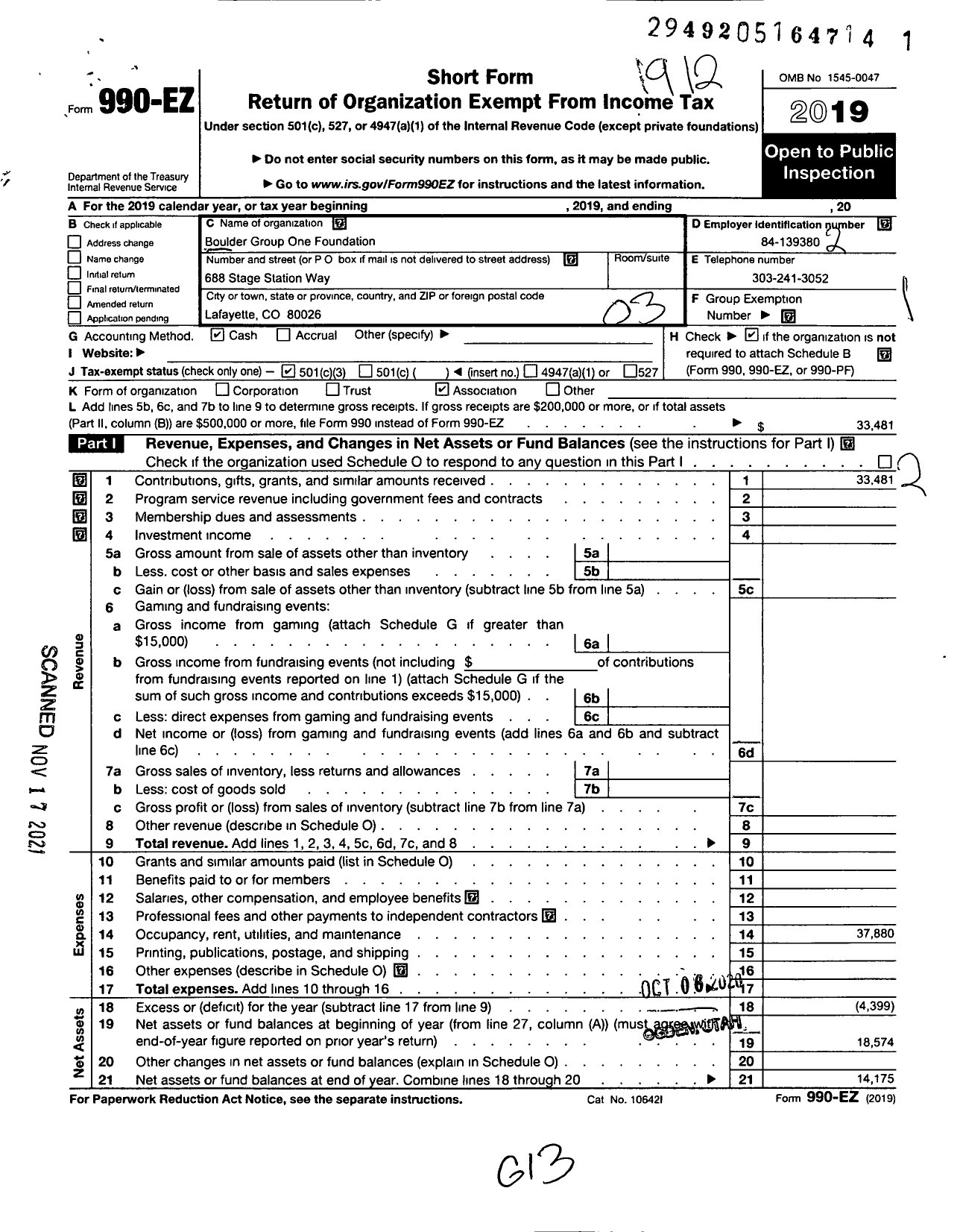 Image of first page of 2019 Form 990EZ for Boulder Group One Foundation