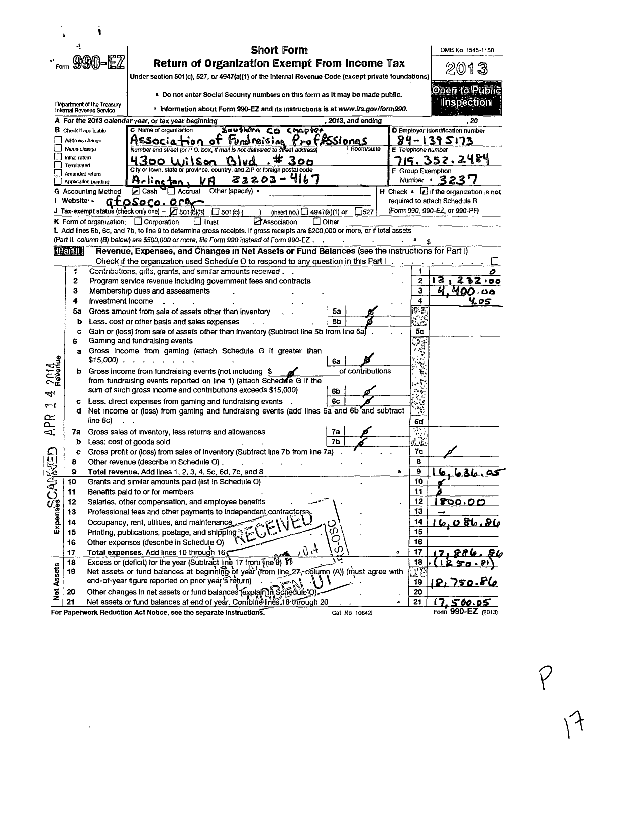 Image of first page of 2013 Form 990EZ for Association of Fundraising Professionals - Co Southern Chapter