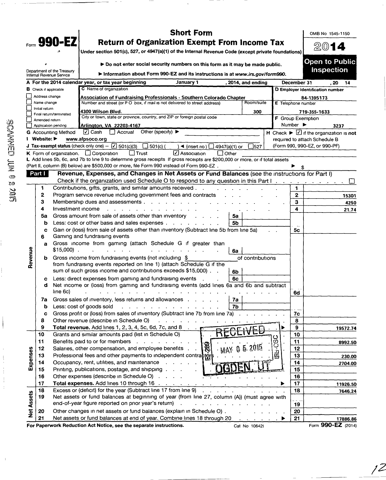 Image of first page of 2014 Form 990EZ for Association of Fundraising Professionals - Co Southern Chapter