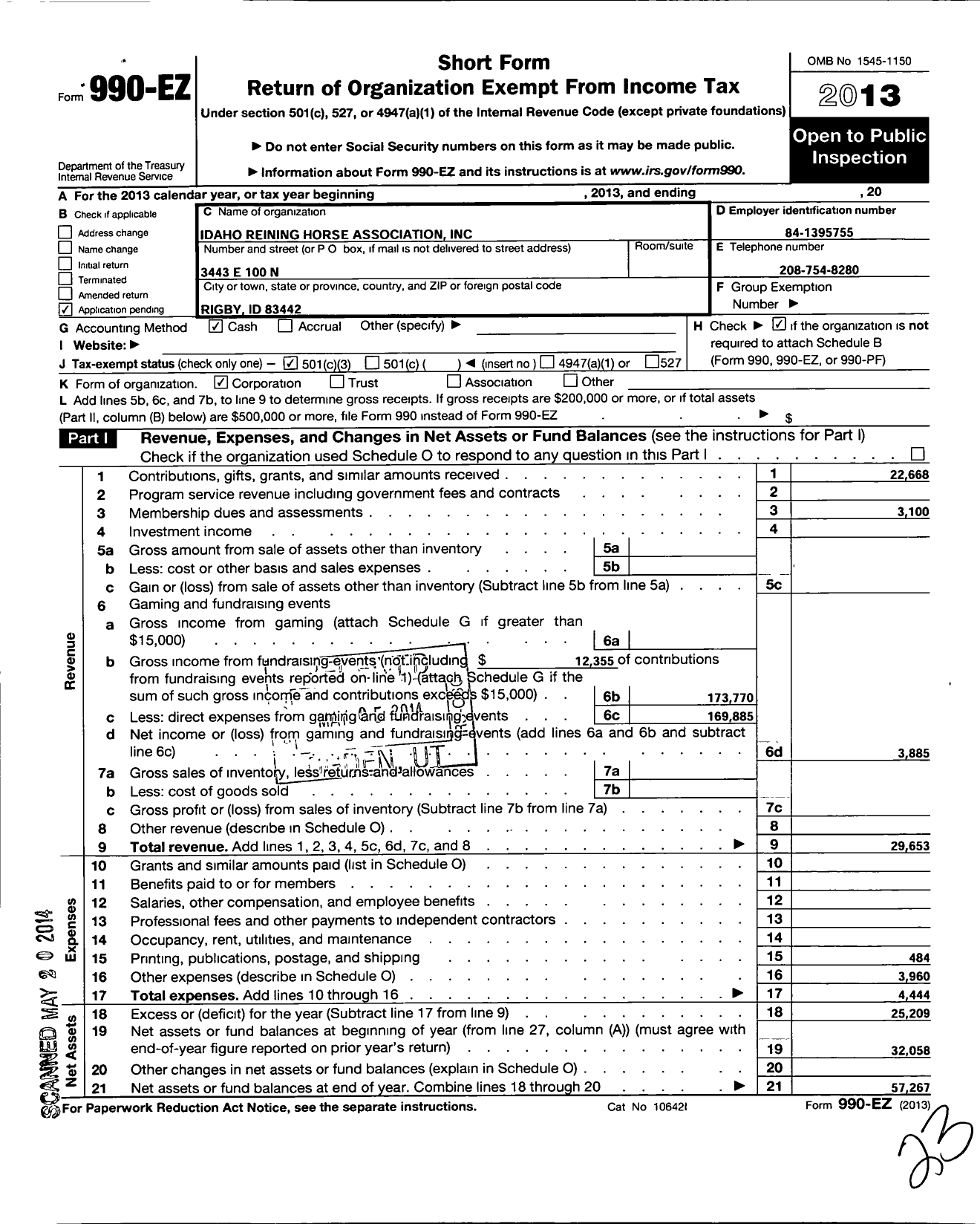 Image of first page of 2013 Form 990EZ for Idaho Reining Horse Association