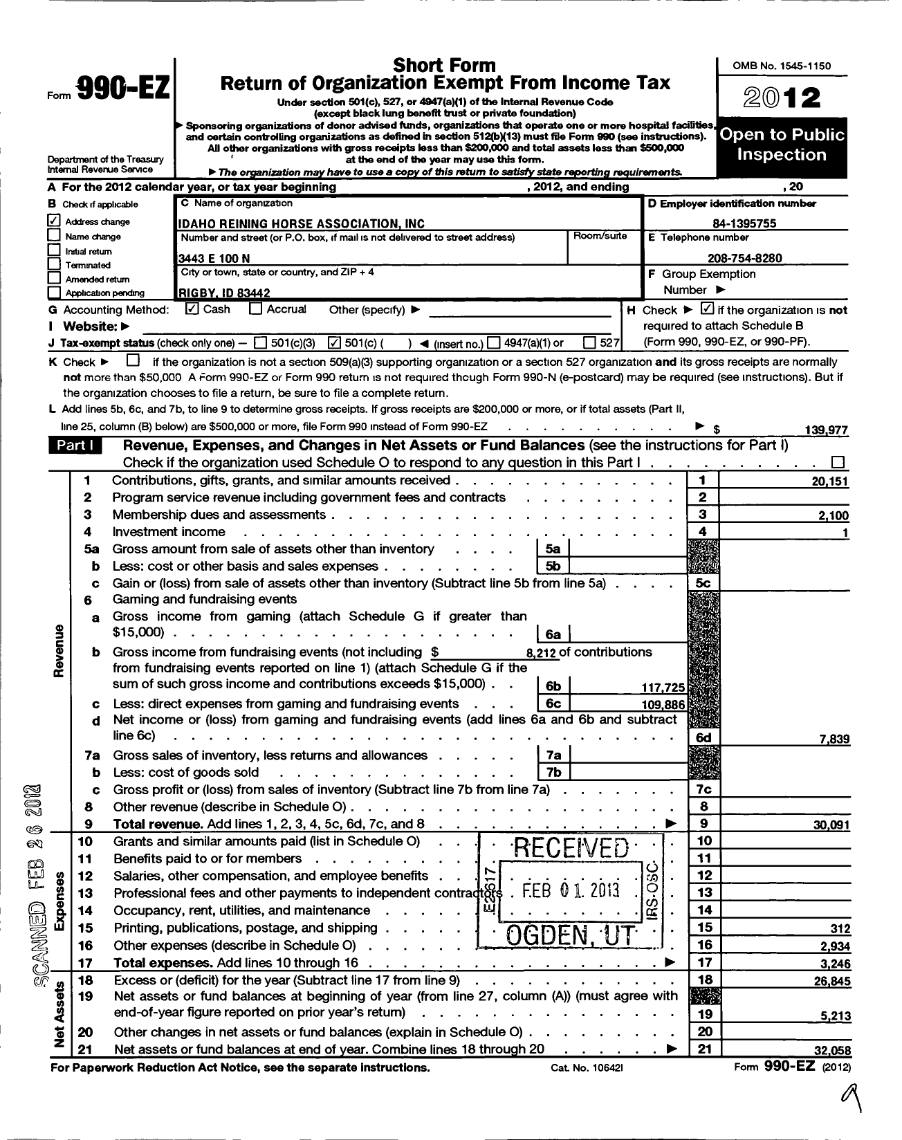 Image of first page of 2012 Form 990EO for Idaho Reining Horse Association