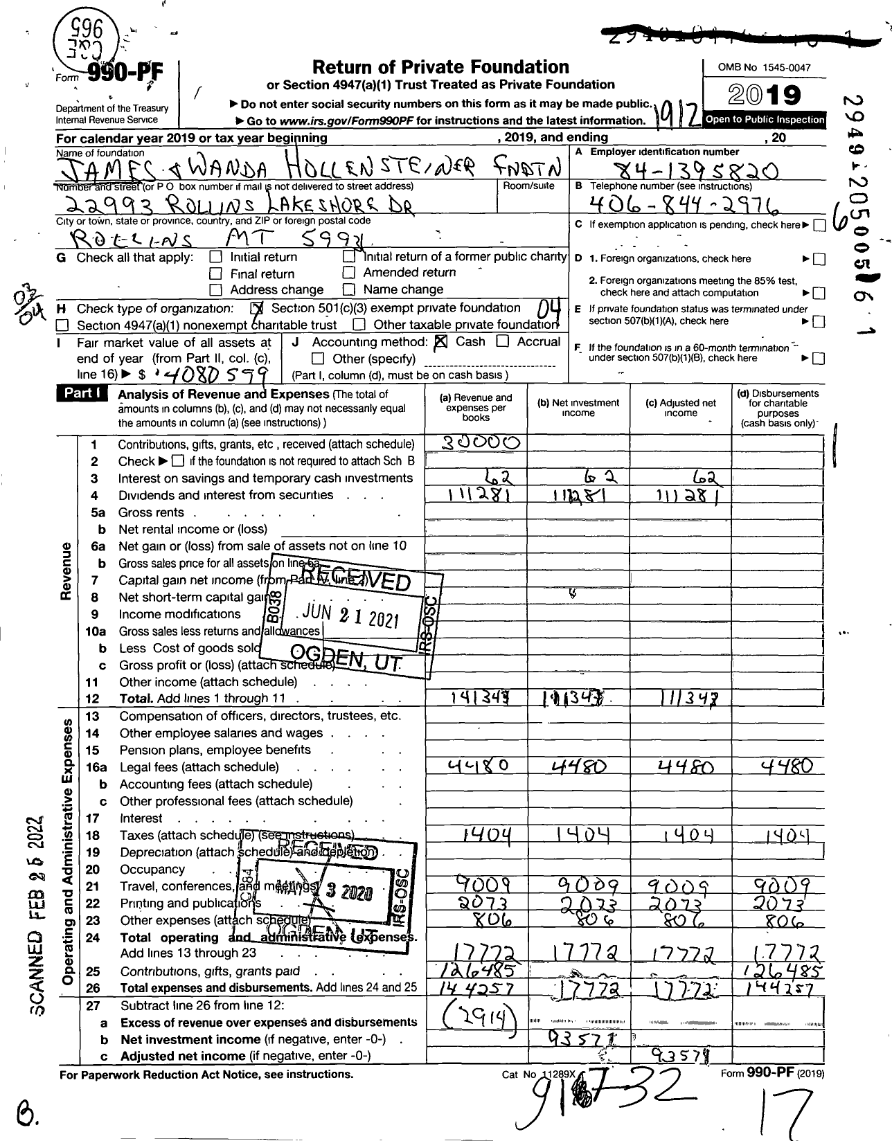 Image of first page of 2019 Form 990PF for James and Wanda Hollensteiner Foundation