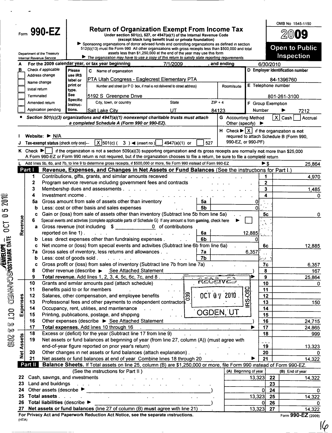 Image of first page of 2009 Form 990EZ for PTA Utah Congress / Eaglecrest Elem PTA