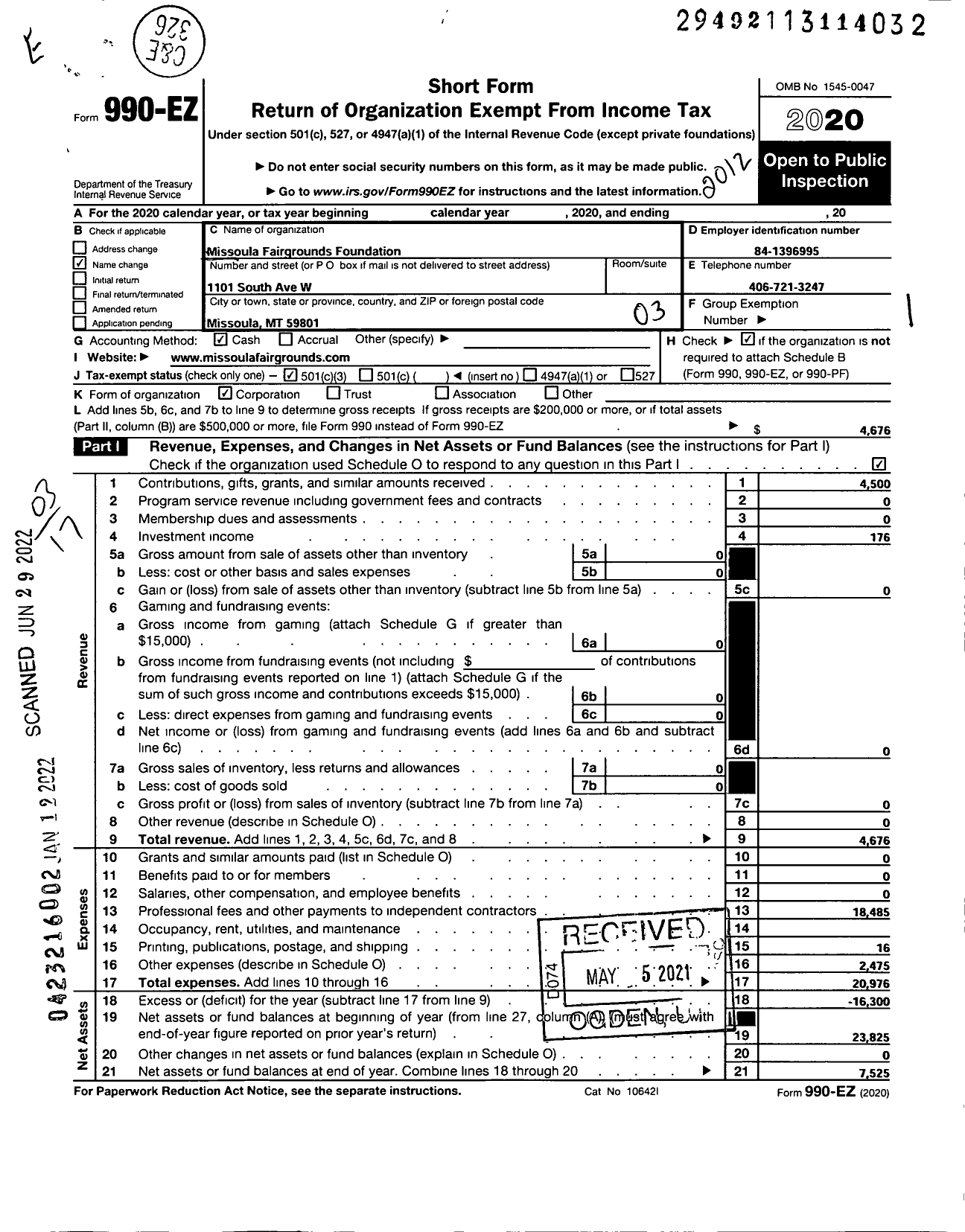 Image of first page of 2020 Form 990EZ for Missoula Farigrounds Foundation