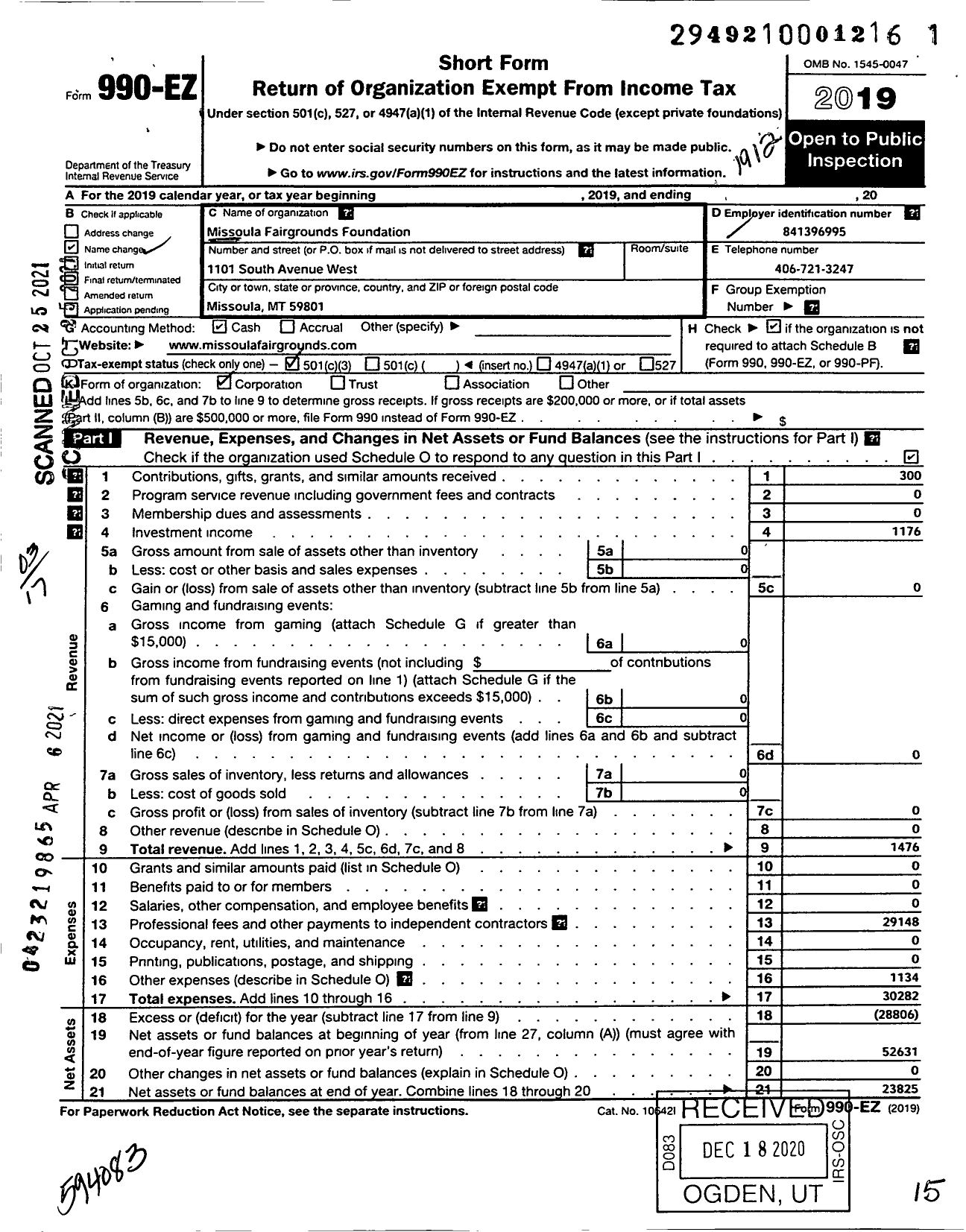 Image of first page of 2019 Form 990EZ for Missoula Farigrounds Foundation